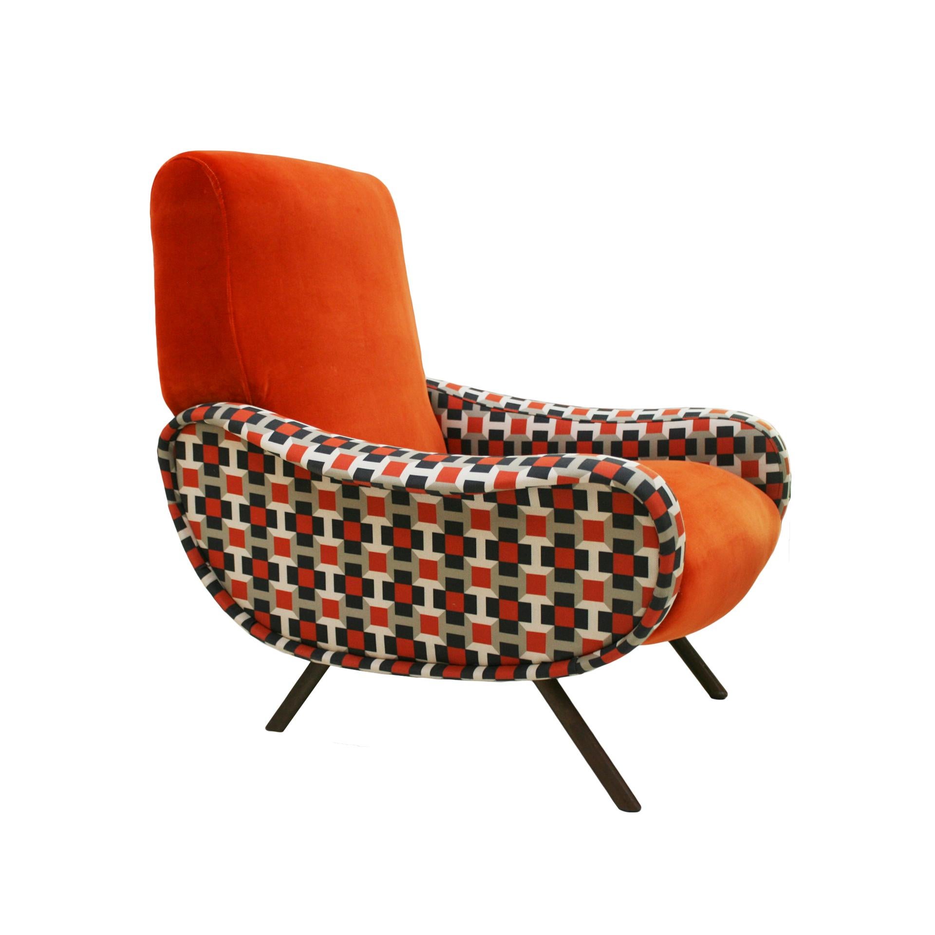 Lady Marco Zanuso by Arflex Cotton Velvet and Hermes Fabric Italian Armchair For Sale 1