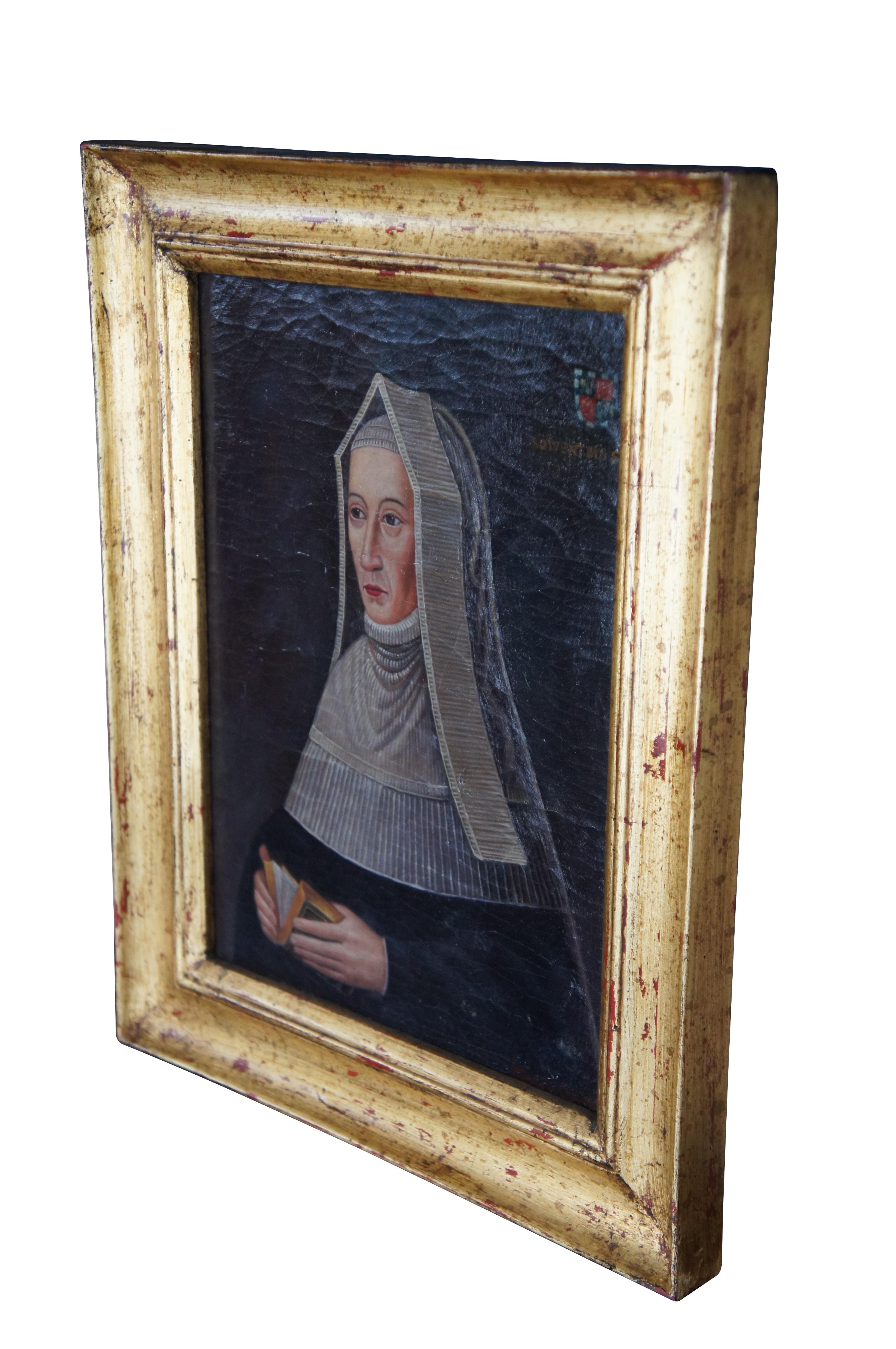 An oil painting of Lady Margaret Beaufort Countess of Richmond and Derby by Trevor James Company.  The original painting is from the late 17th century and in a private collection in London.  

Dimensions:
20