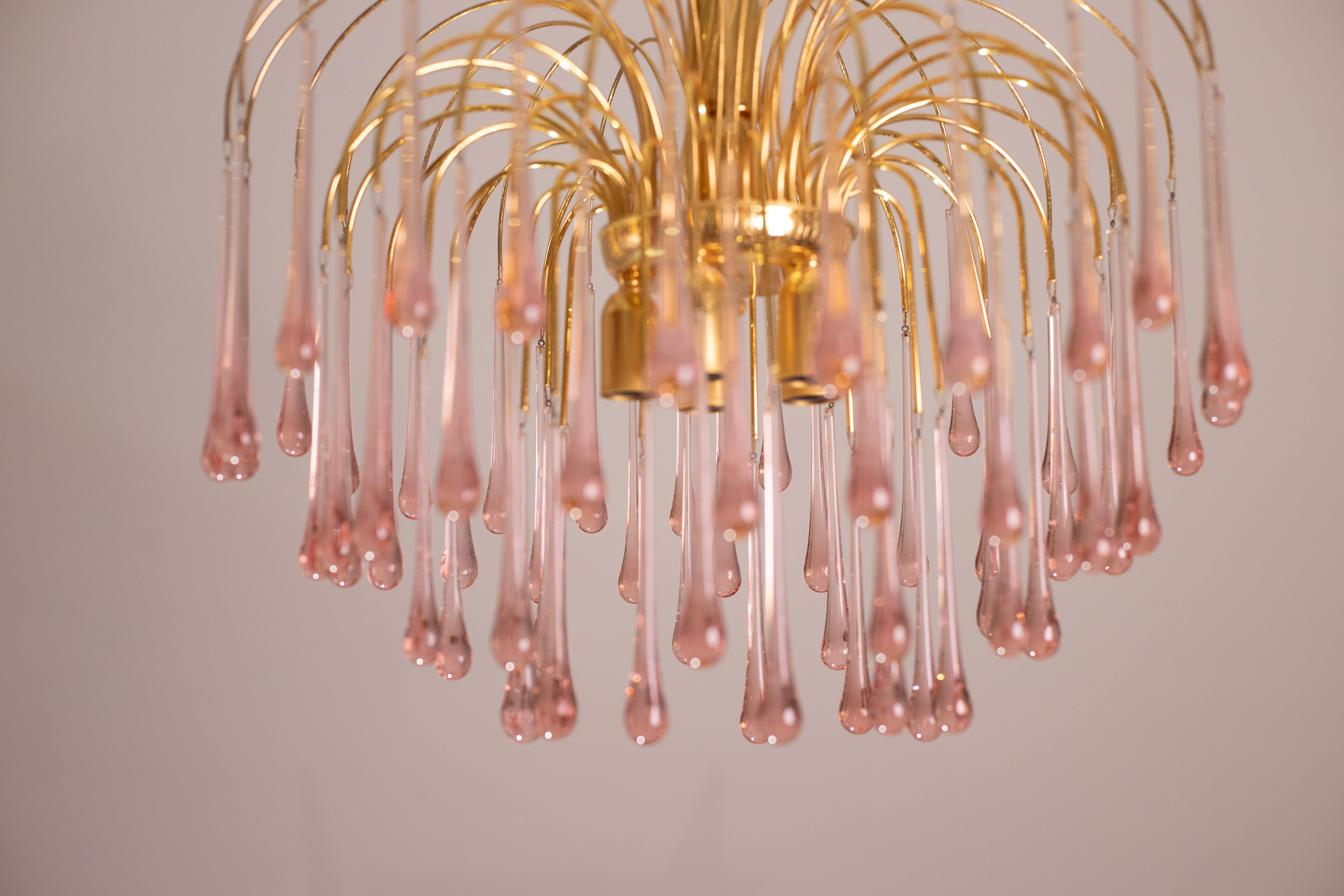 Lady Michelle, Large Size Pink Drops Murano Chandelier, 1980s For Sale 7