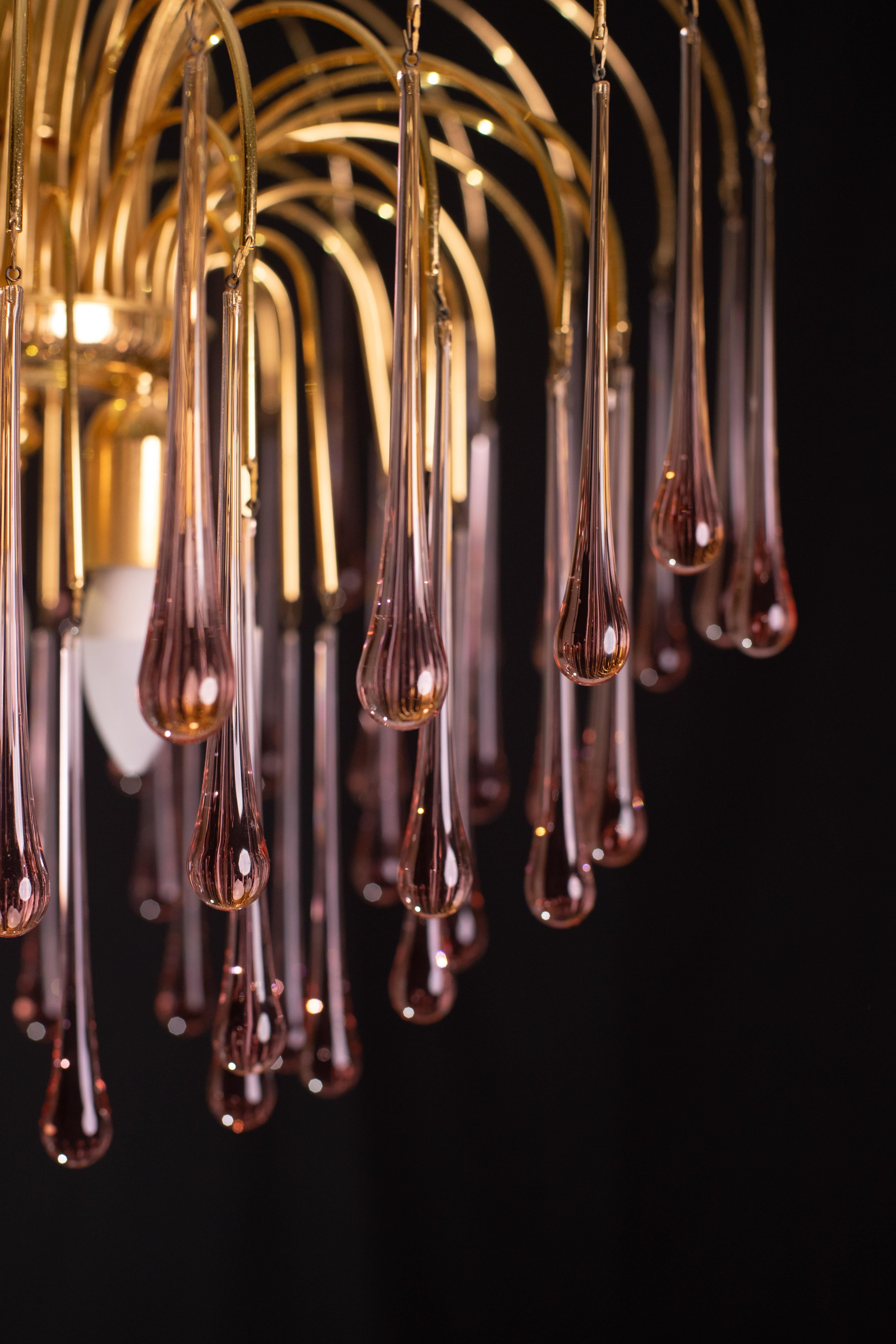 Lady Michelle, Large Size Pink Drops Murano Chandelier, 1980s For Sale 9
