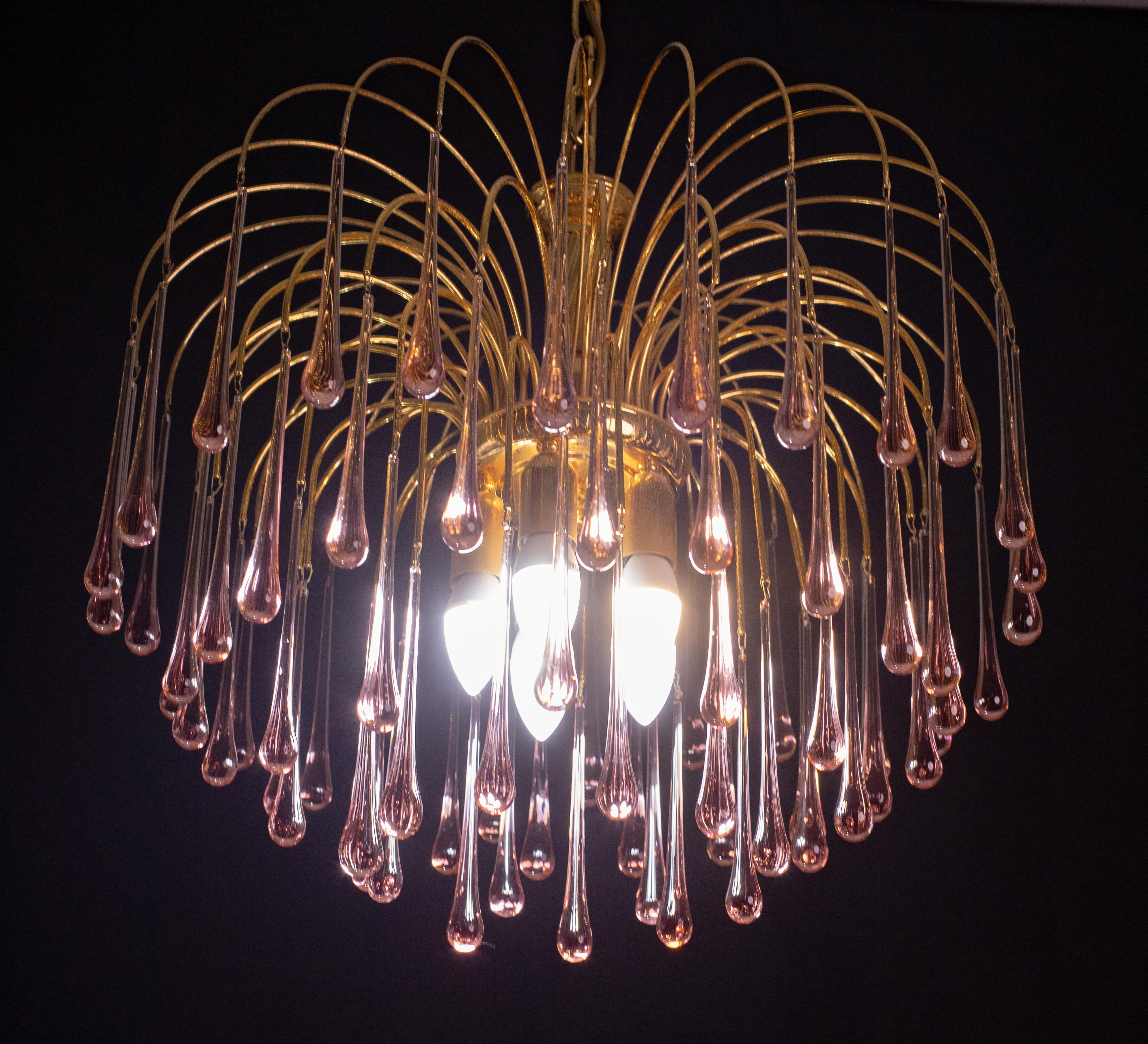 Murano Glass Lady Michelle, Large Size Pink Drops Murano Chandelier, 1980s For Sale