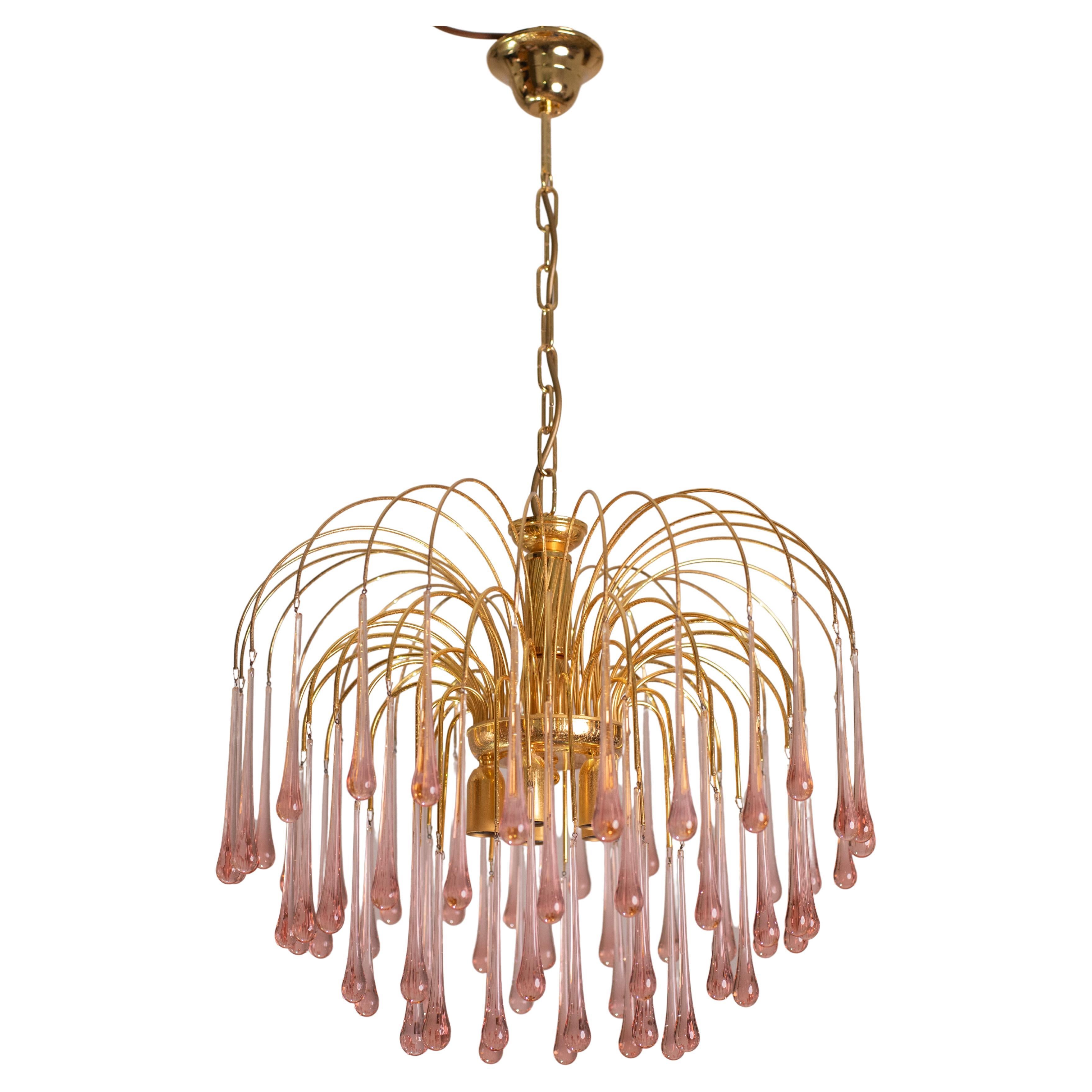 Lady Michelle, Large Size Pink Drops Murano Chandelier, 1980s For Sale