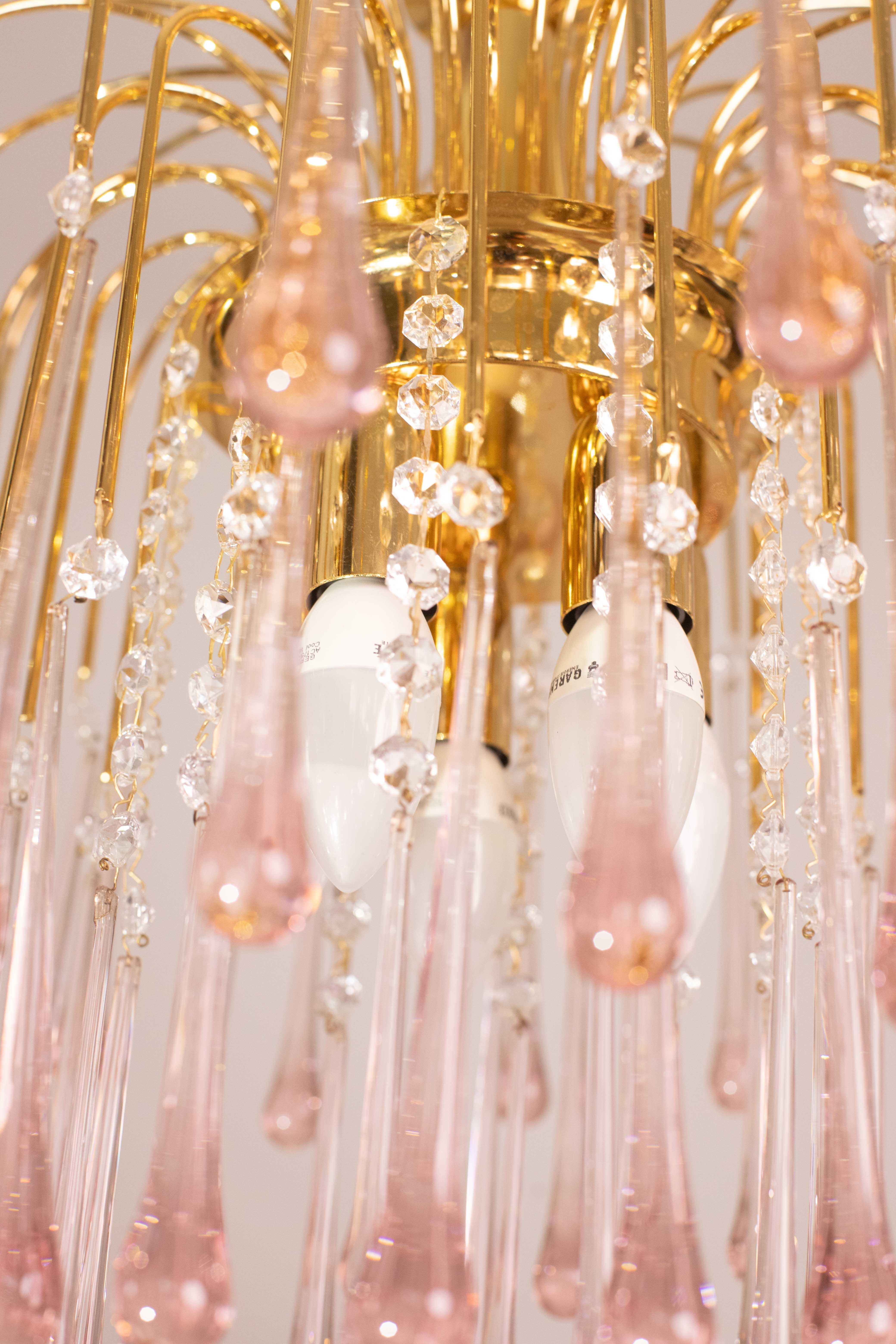 Lady Michelle, Großer Kronleuchter aus Murano Glas und Kristall mit rosa Tropfen, 1980er Jahre im Angebot 5