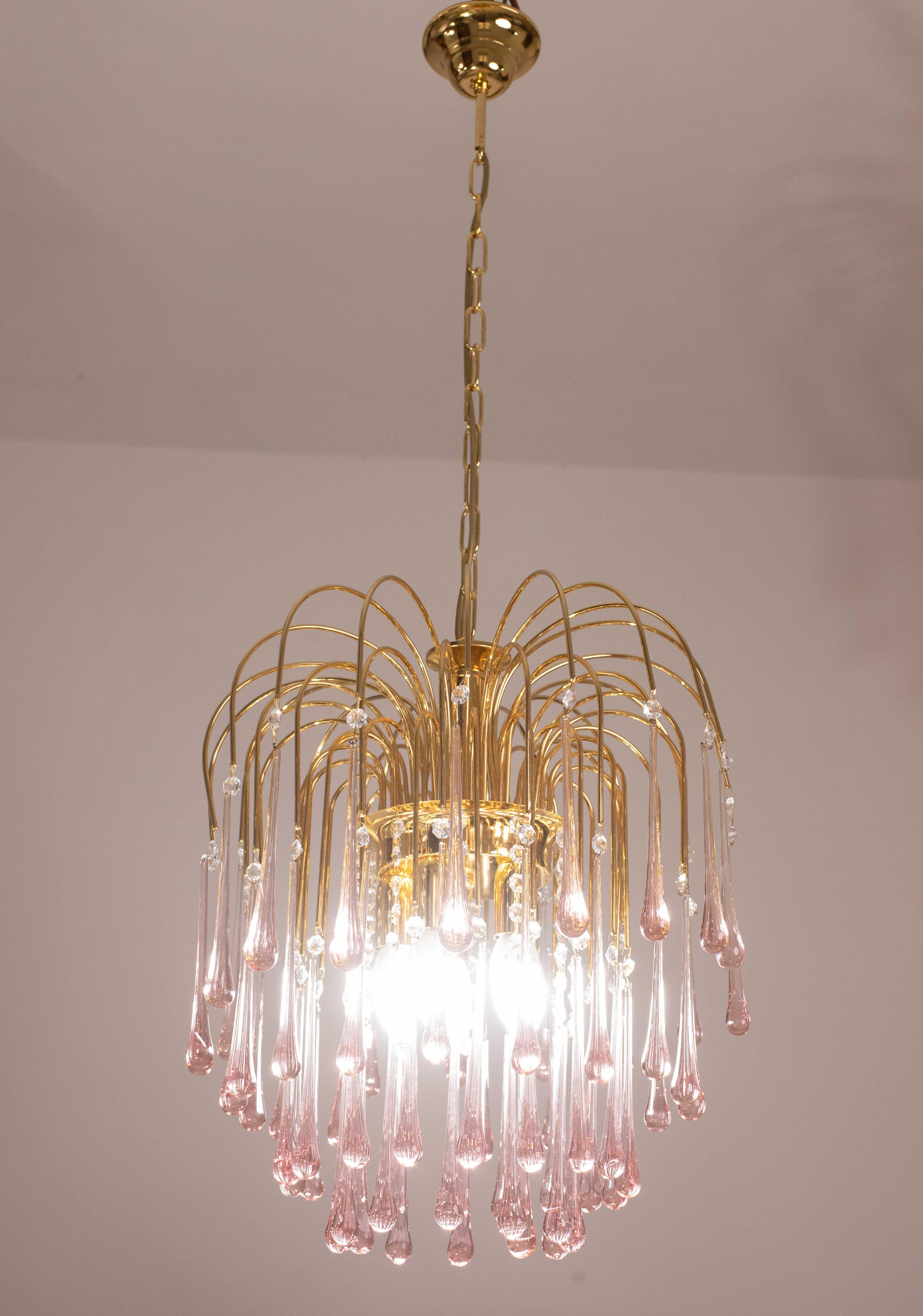 Lady Michelle, Großer Kronleuchter aus Murano Glas und Kristall mit rosa Tropfen, 1980er Jahre (Europäisch) im Angebot