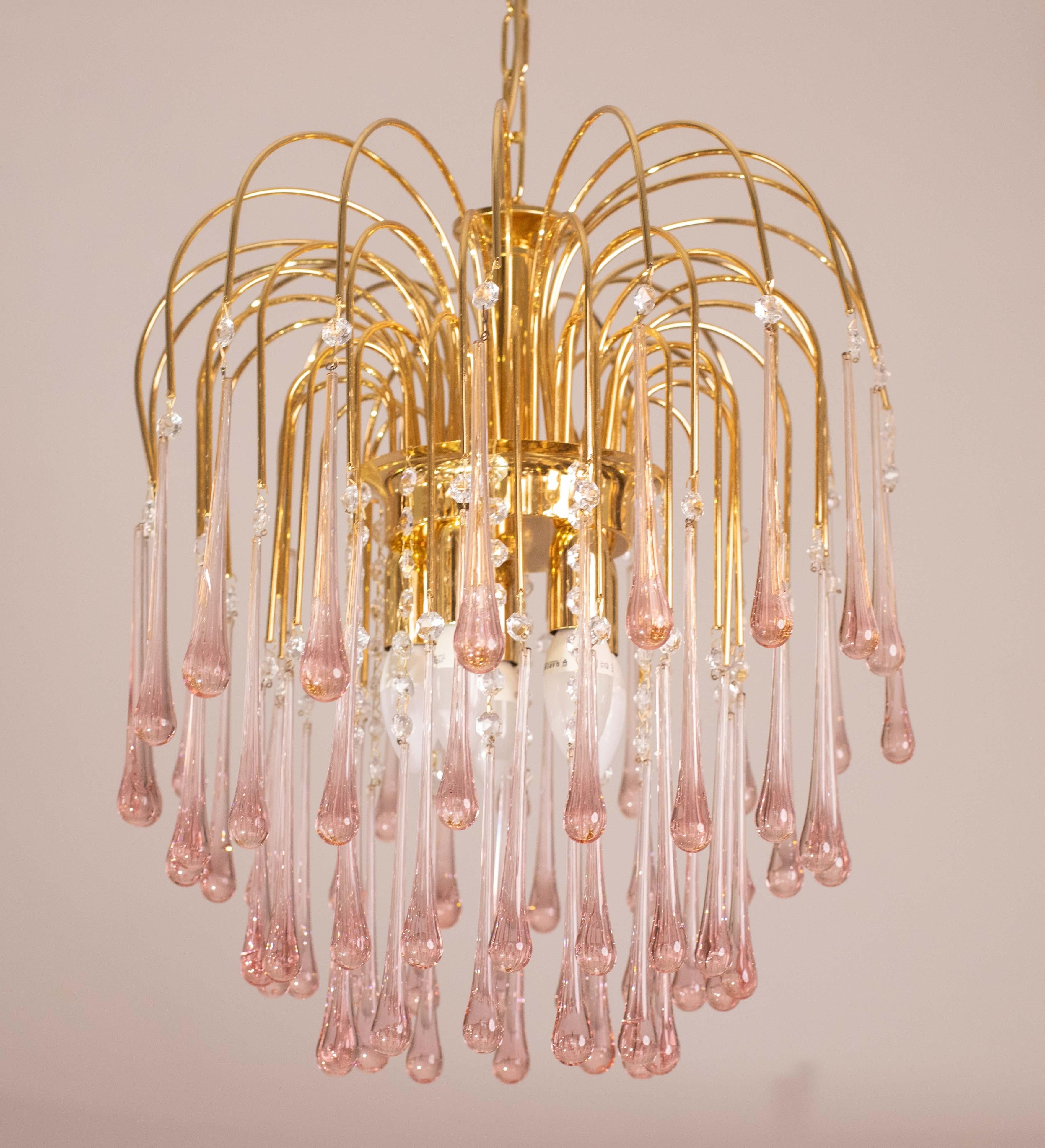 Lady Michelle, Großer Kronleuchter aus Murano Glas und Kristall mit rosa Tropfen, 1980er Jahre im Zustand „Gut“ im Angebot in Roma, IT