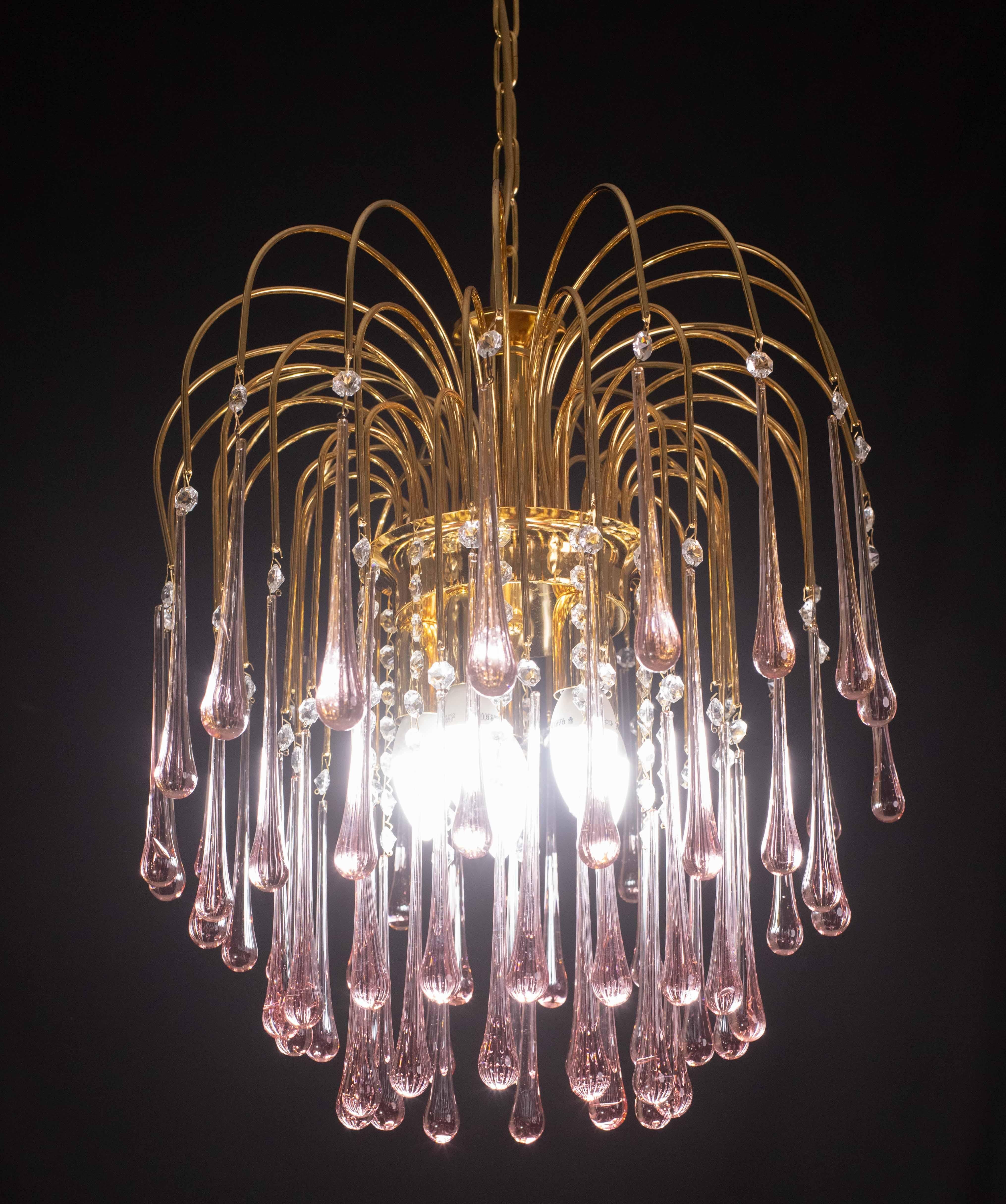 Lady Michelle, Großer Kronleuchter aus Murano Glas und Kristall mit rosa Tropfen, 1980er Jahre (Ende des 20. Jahrhunderts) im Angebot