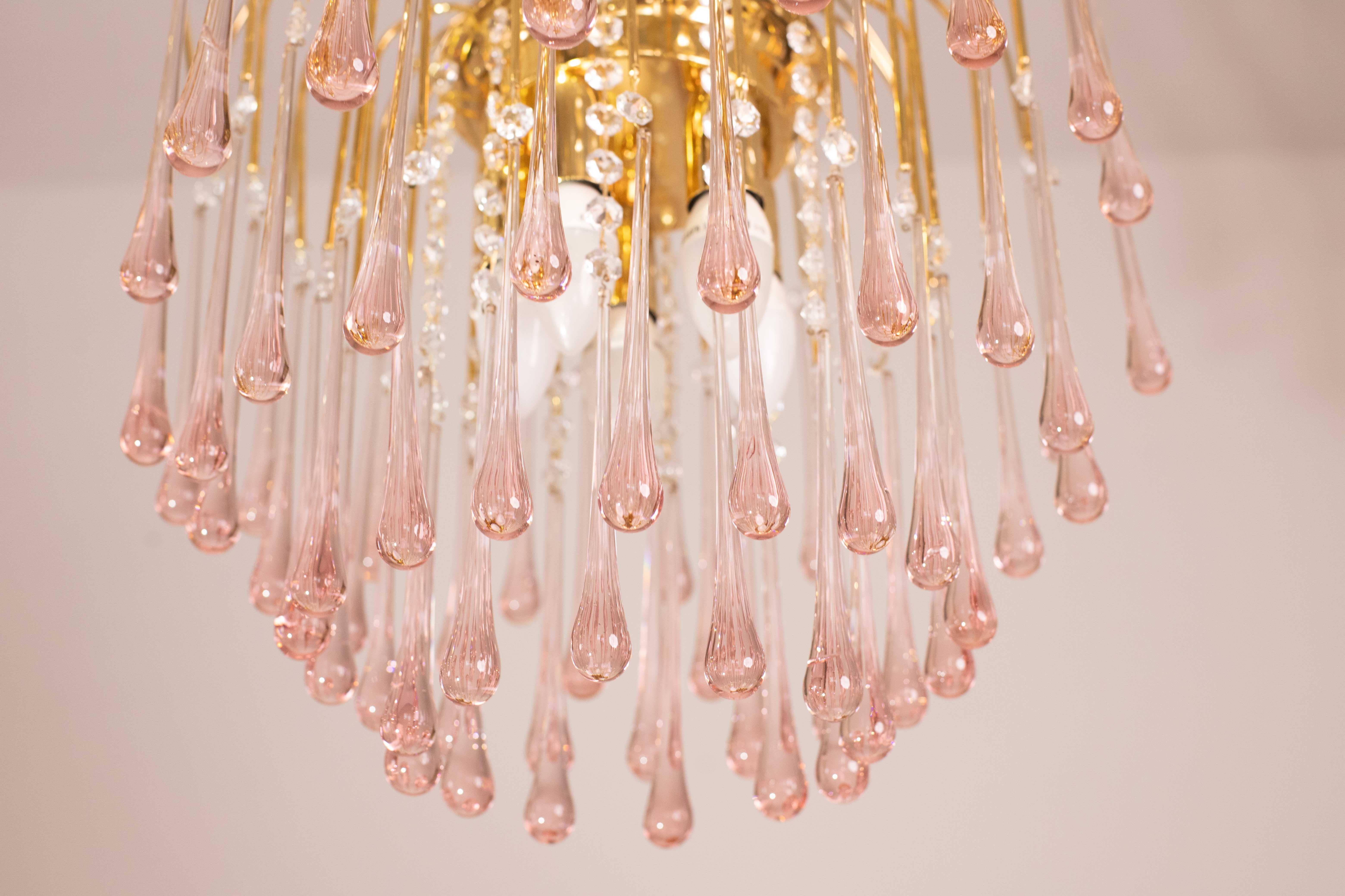 Lady Michelle, Großer Kronleuchter aus Murano Glas und Kristall mit rosa Tropfen, 1980er Jahre im Angebot 2