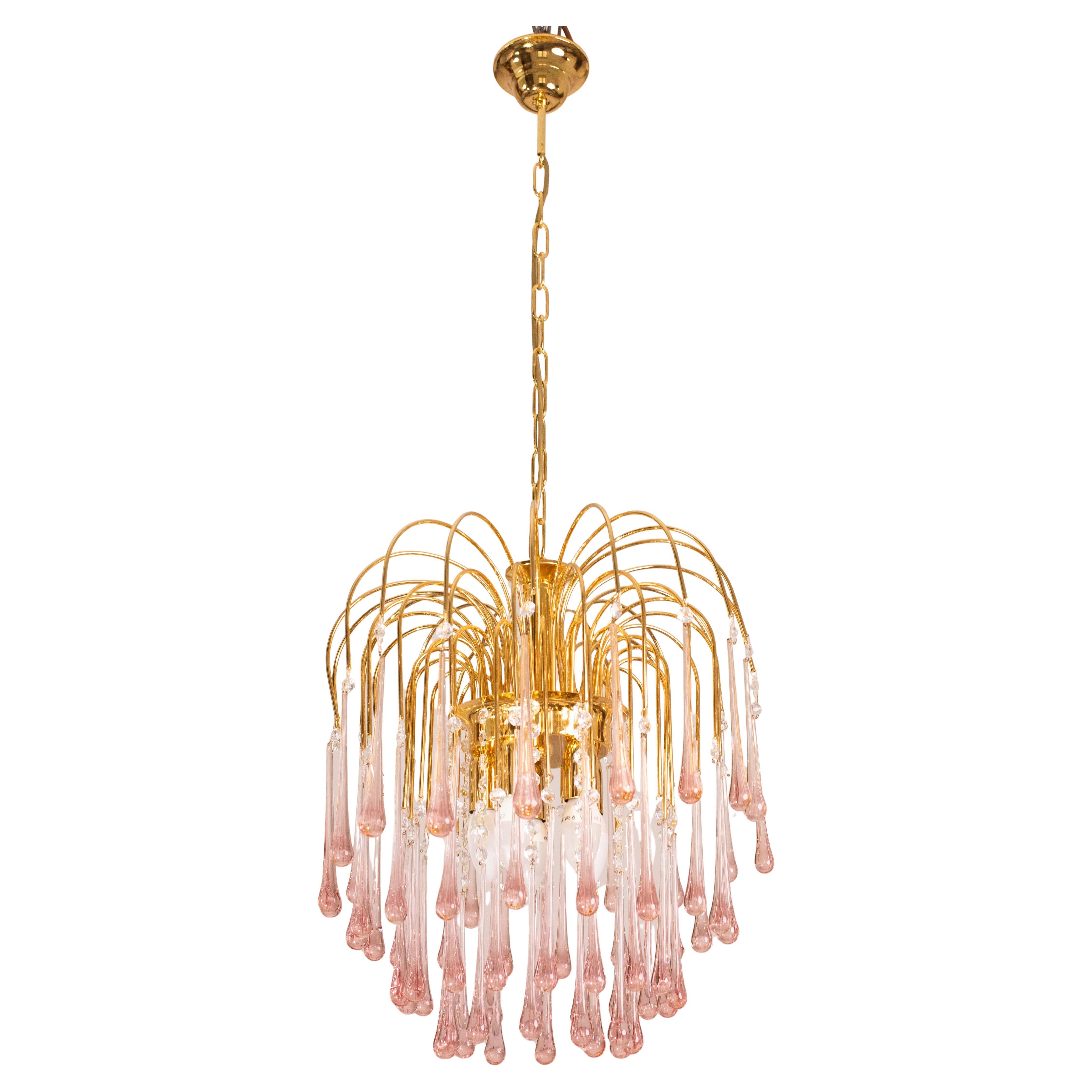 Lady Michelle, Großer Kronleuchter aus Murano Glas und Kristall mit rosa Tropfen, 1980er Jahre im Angebot