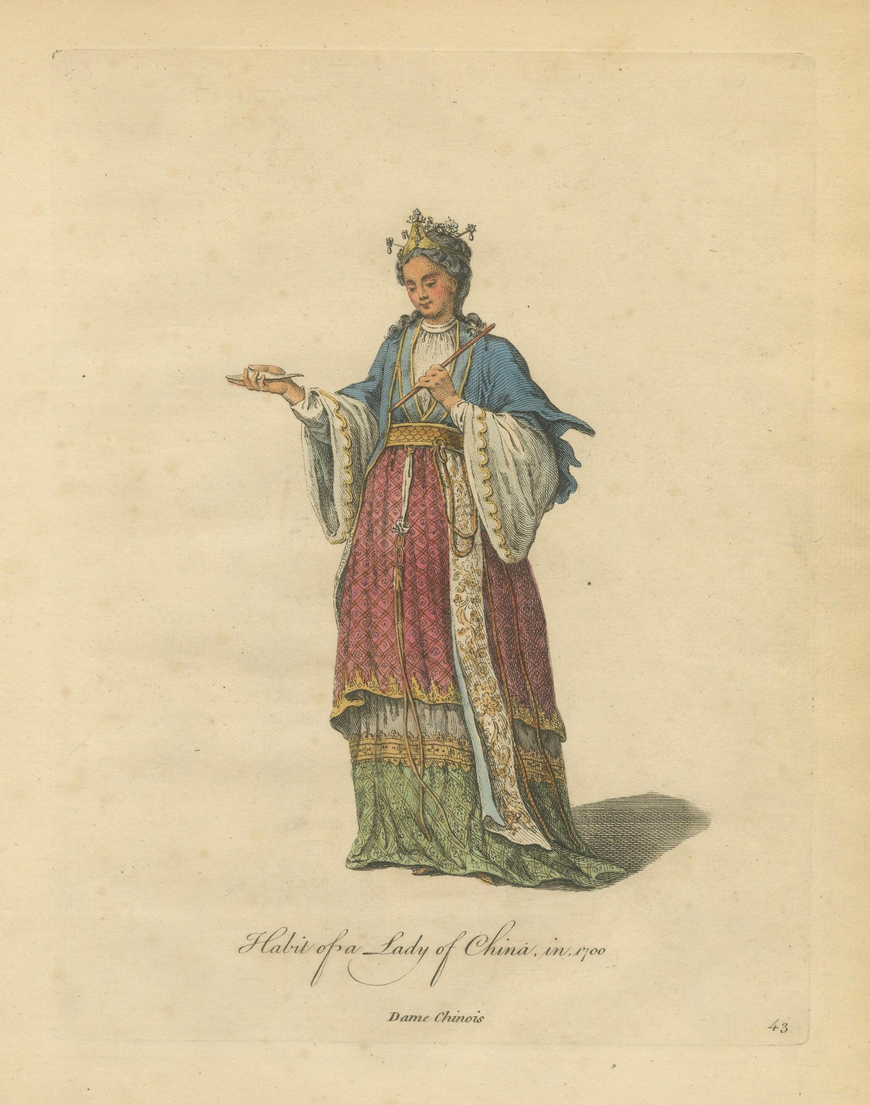 Lady of China in Elegant Court Dress, Antique Print, Jefferys, 1749