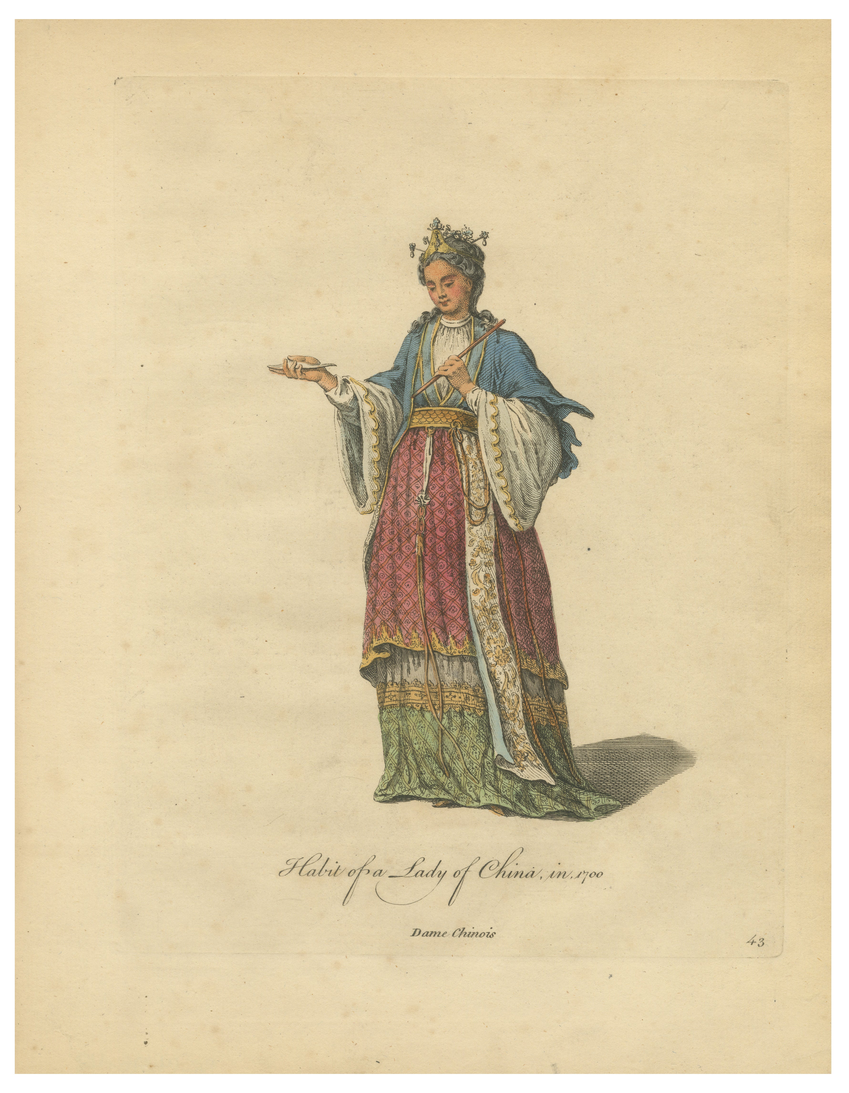 Lady of China in Elegant Court Dress, Antique Print, Jefferys, 1749