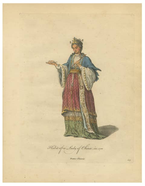 Lady of China in Elegant Court Dress, Antique Print, Jefferys, 1749
