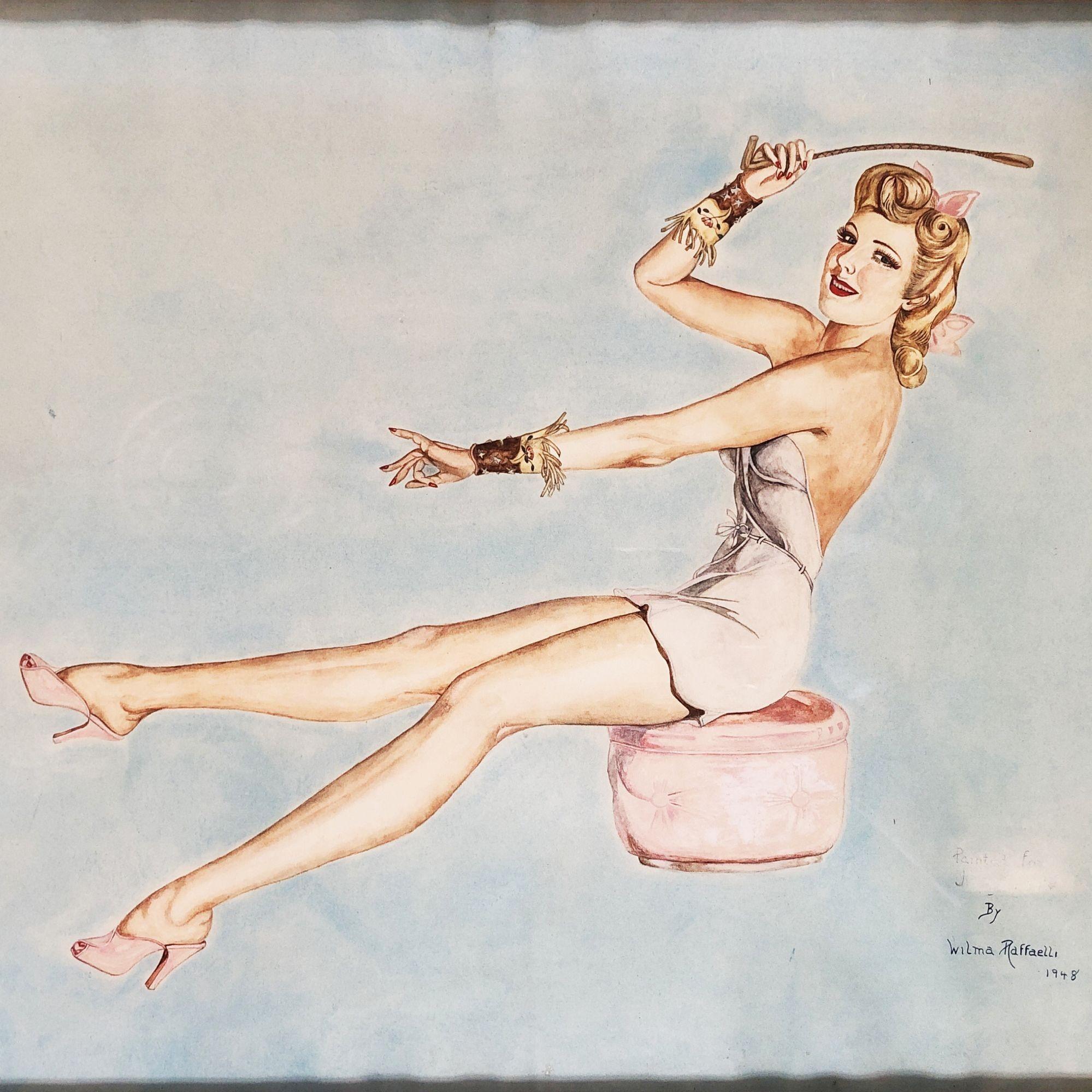Original watercolor artwork pint on paper featuring a young dressed-up woman on an ottoman with a riding crop in her hand titled 