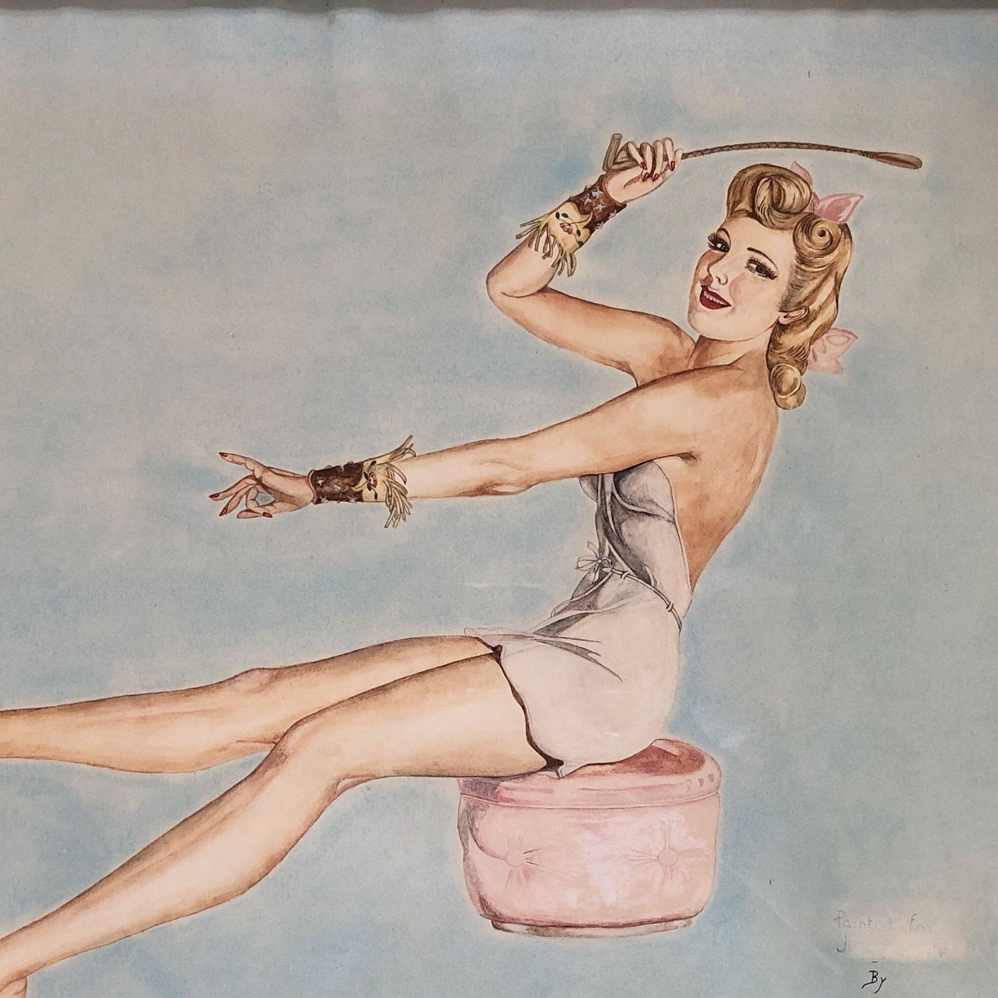 Original-Aquarell auf Papier mit der Darstellung einer jungen Frau auf einer Ottomane mit einer Reitgerte in der Hand, betitelt 