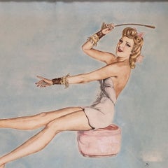 "Lady on Ottoman" Wood Framed Pinup Painting by Wilma Raffaelli, 1948.