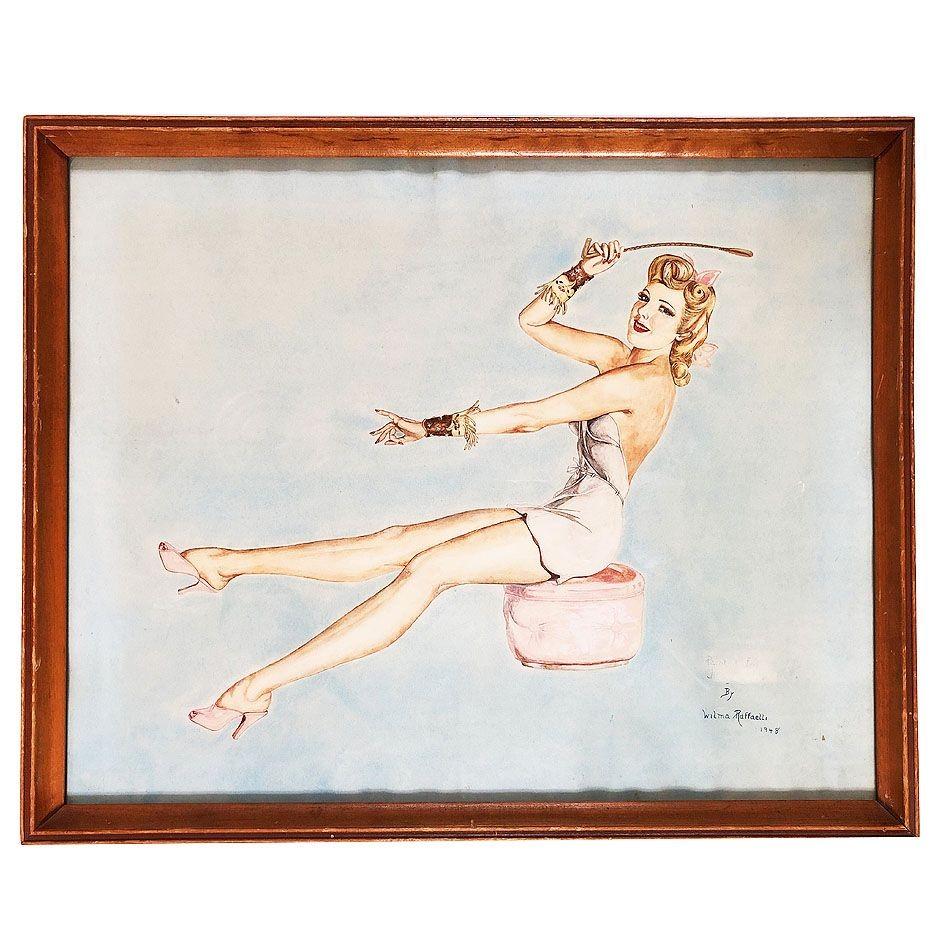 „Lady on Ottoman“. Gerahmtes Pinup-Gemälde aus Holz von Wilma Raffaelli, 1948. (amerikanisch) im Angebot