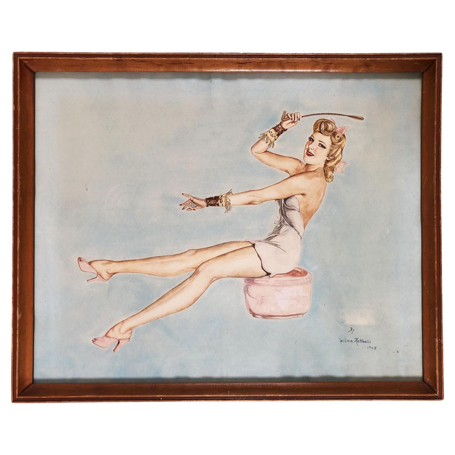 "Lady on Ottoman". Wood Framed Pinup Painting by Wilma Raffaelli, 1948.