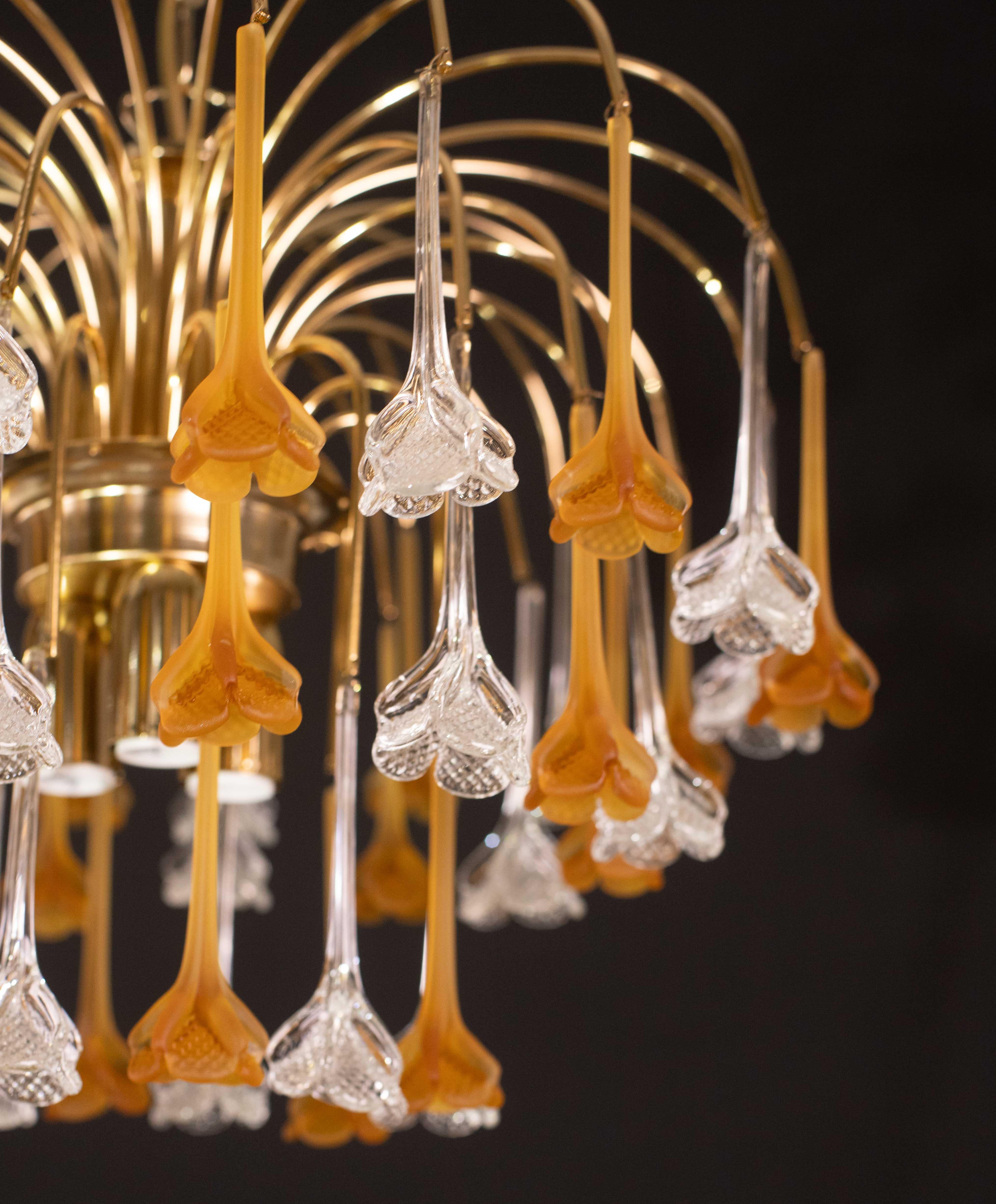 Lady Orange, Chandelier with Orange & Transparent Pendants, Murano Glass, 1970s For Sale 7