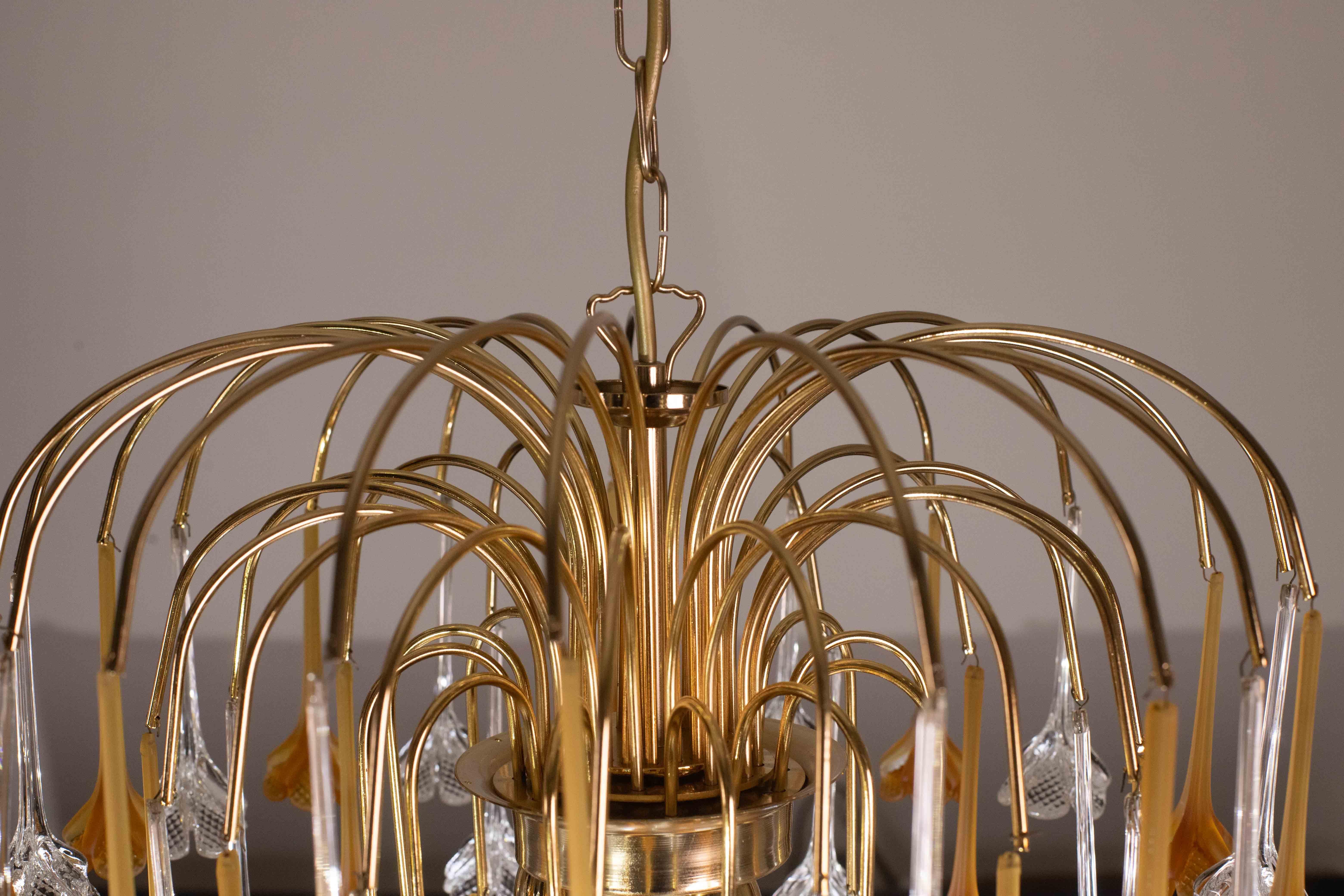 Lady Orange, Chandelier with Orange & Transparent Pendants, Murano Glass, 1970s For Sale 9