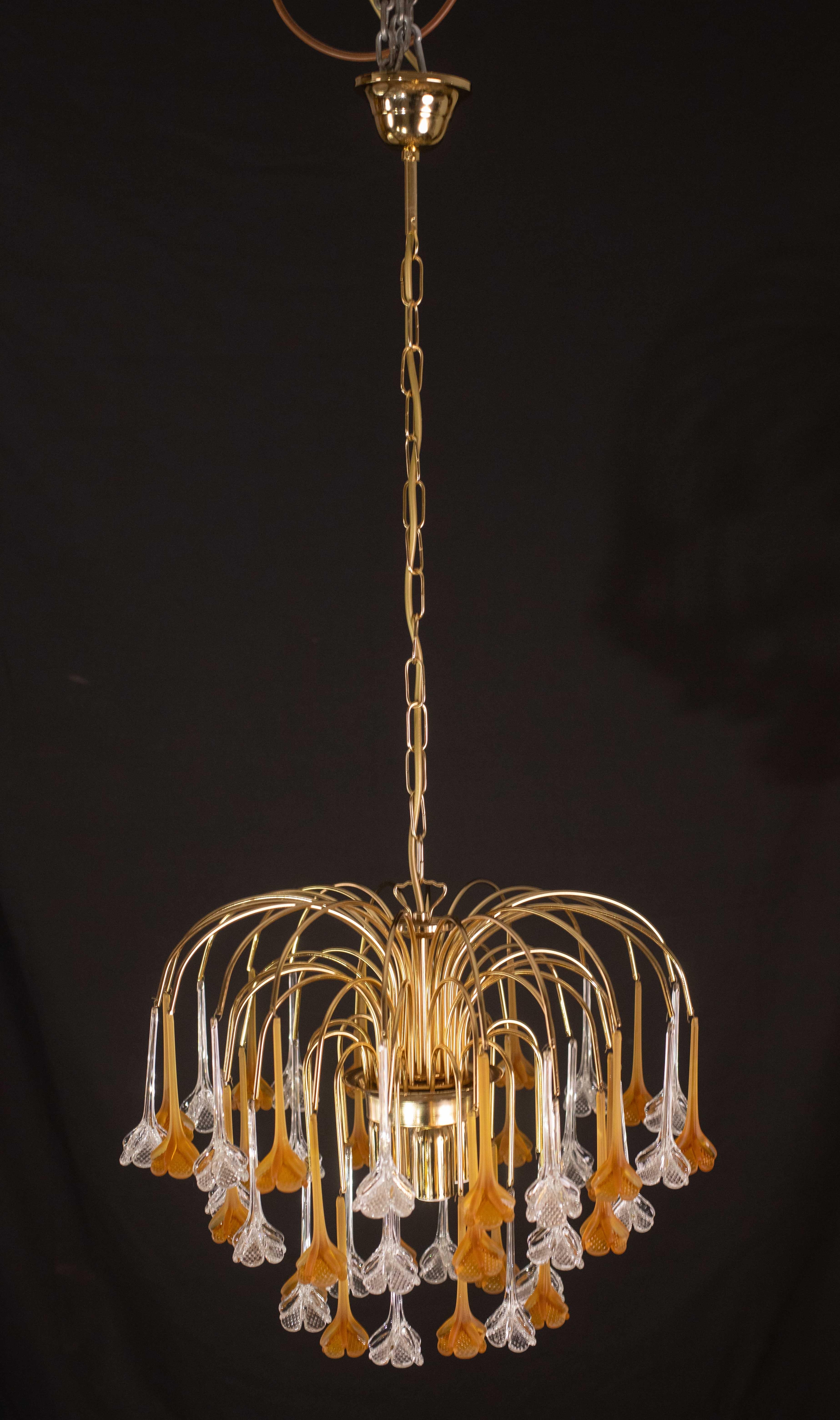 Lady Orange, Chandelier with Orange & Transparent Pendants, Murano Glass, 1970s In Good Condition For Sale In Roma, IT