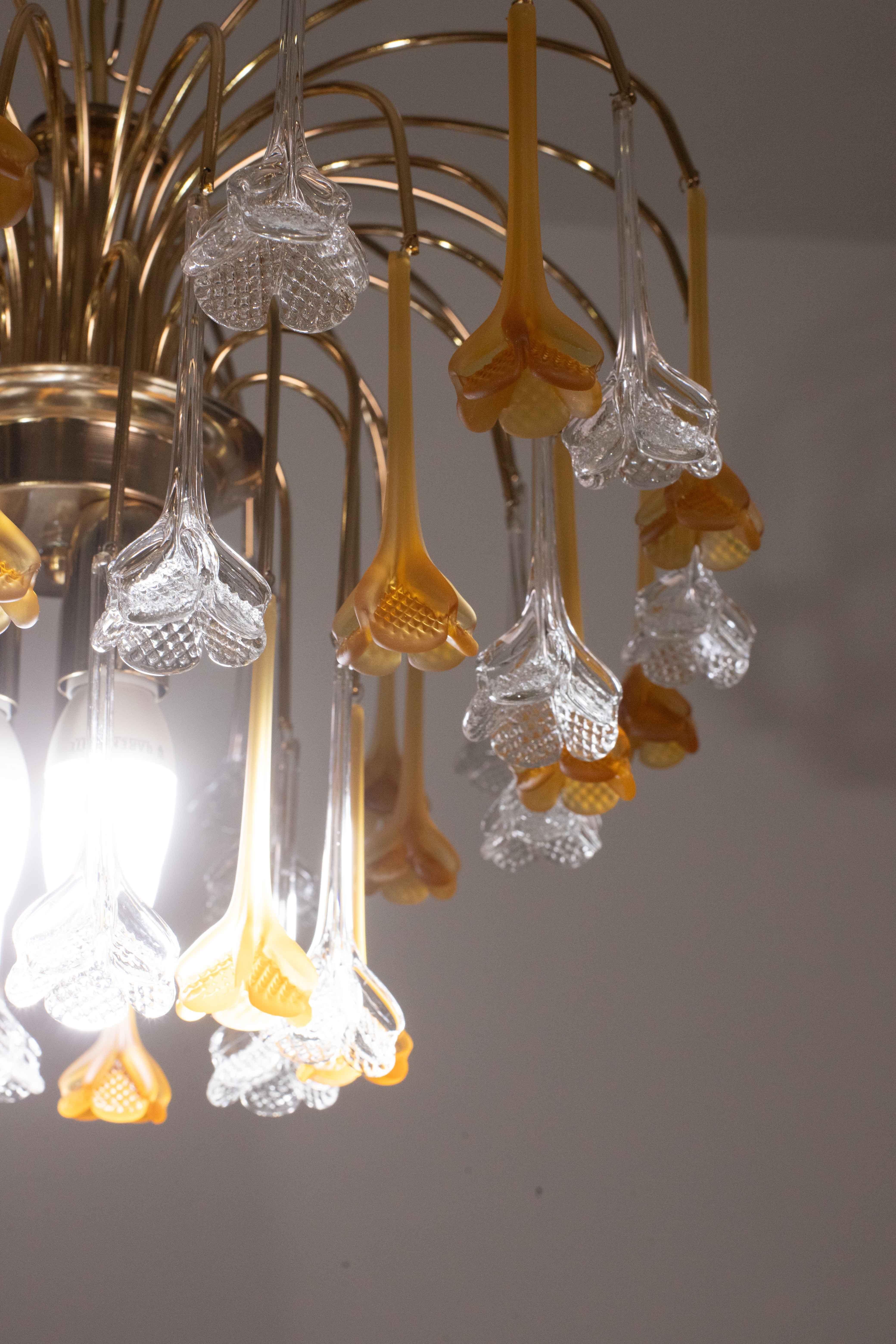 Lady Orange, Chandelier with Orange & Transparent Pendants, Murano Glass, 1970s For Sale 1