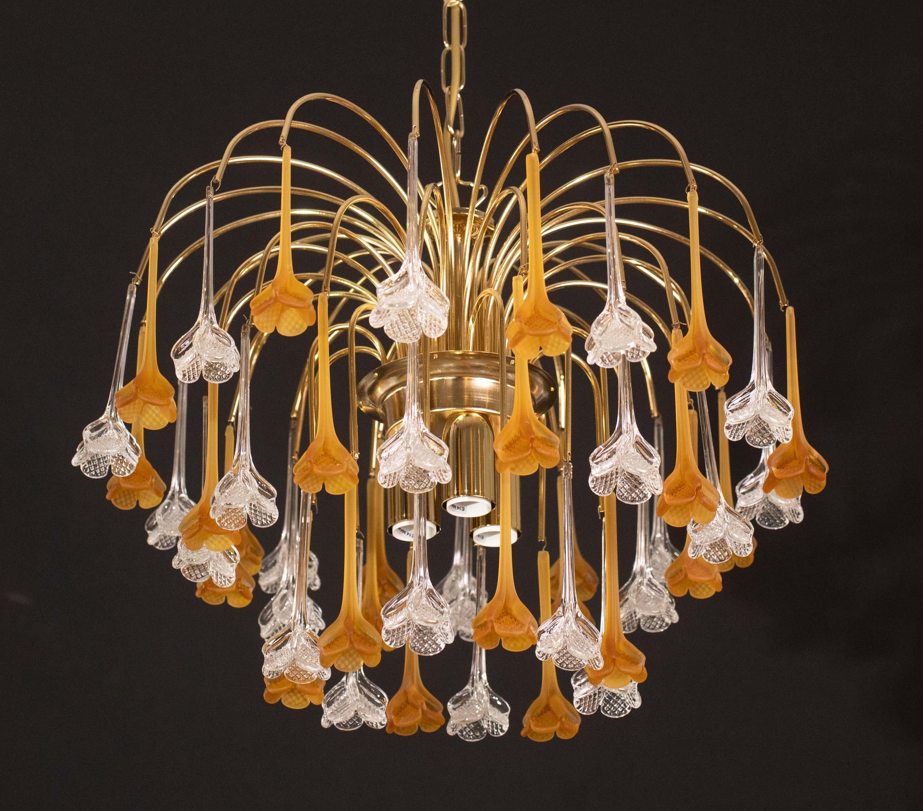 Lady Orange, Chandelier with Orange & Transparent Pendants, Murano Glass, 1970s For Sale 2