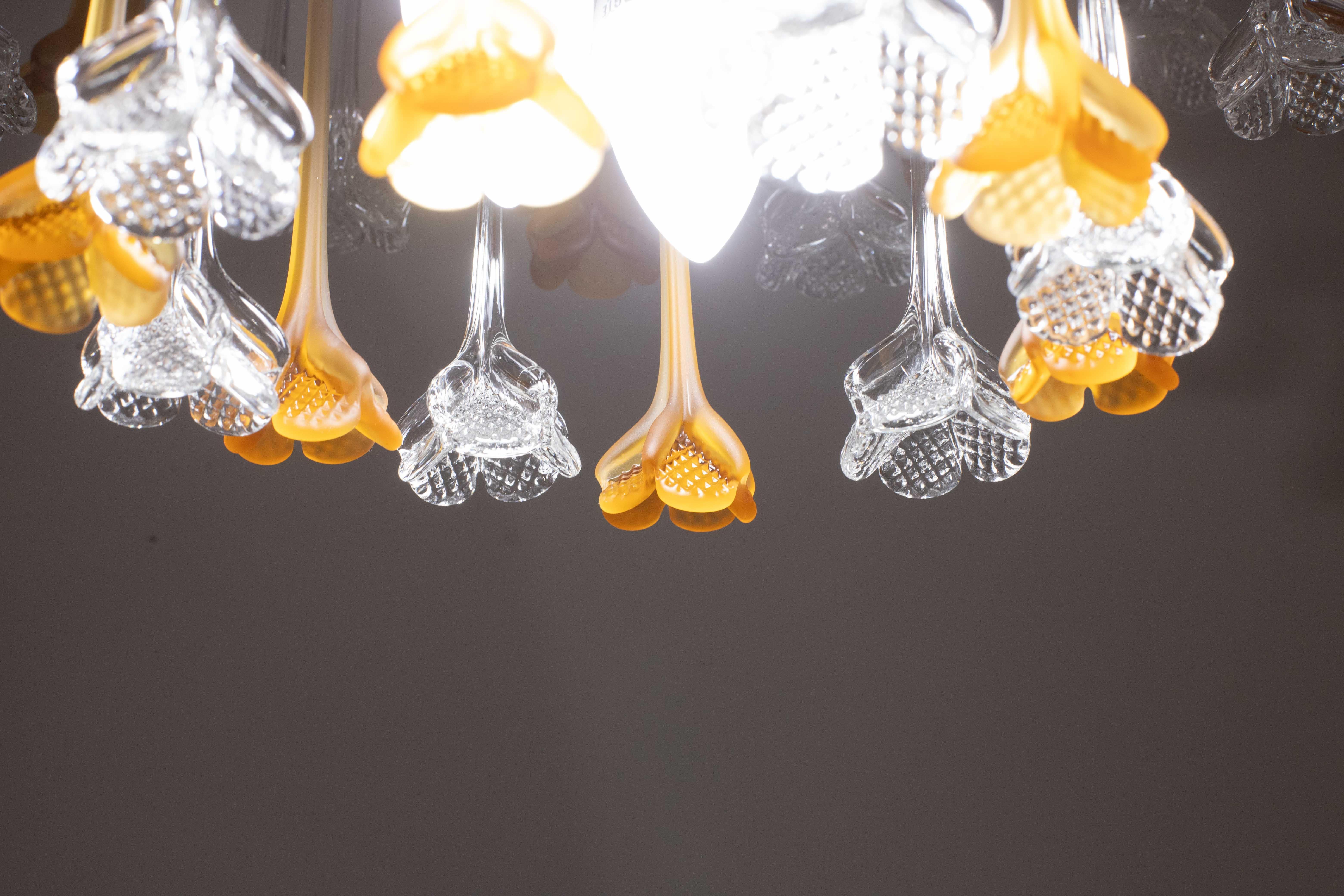 Lady Orange, Chandelier with Orange & Transparent Pendants, Murano Glass, 1970s For Sale 3