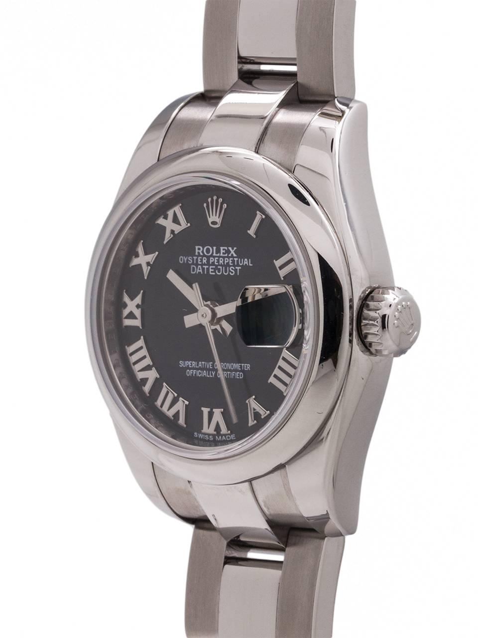 
Lady Rolex Datejust ref 179160 stainless steel 26mm diameter case with smooth domed bezel and sapphire crystal. Original black roman dial with sweep second hand and date at 3 o’clock. Powered by self winding movement with quick set date. With Rolex