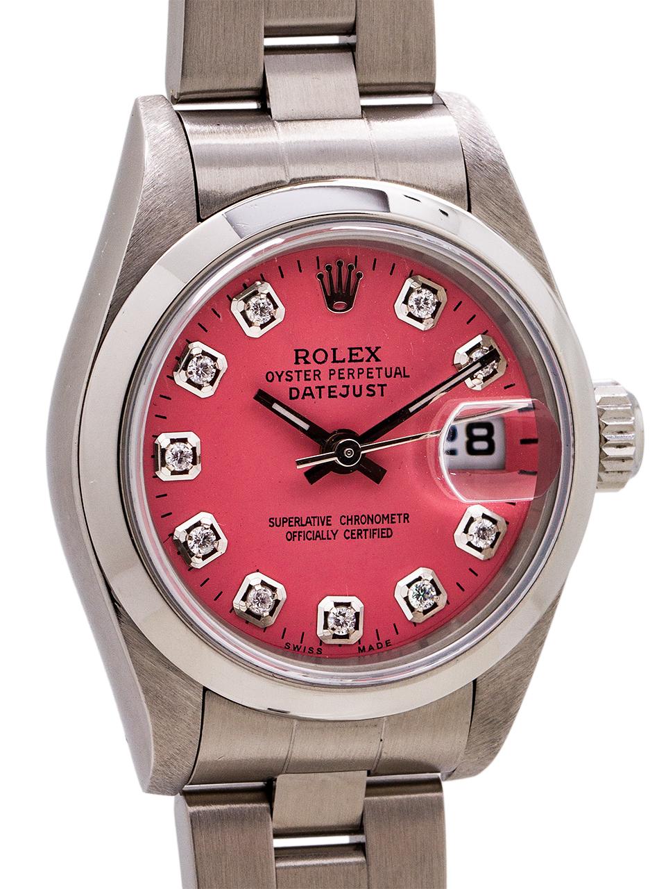 
Lady Rolex Datejust ref 179160 stainless steel 26mm diameter case with smooth domed bezel and sapphire crystal. Custom made pink diamond dial with sweep second hand and date at 3 o’clock. Powered by self winding movement with quick set date. With