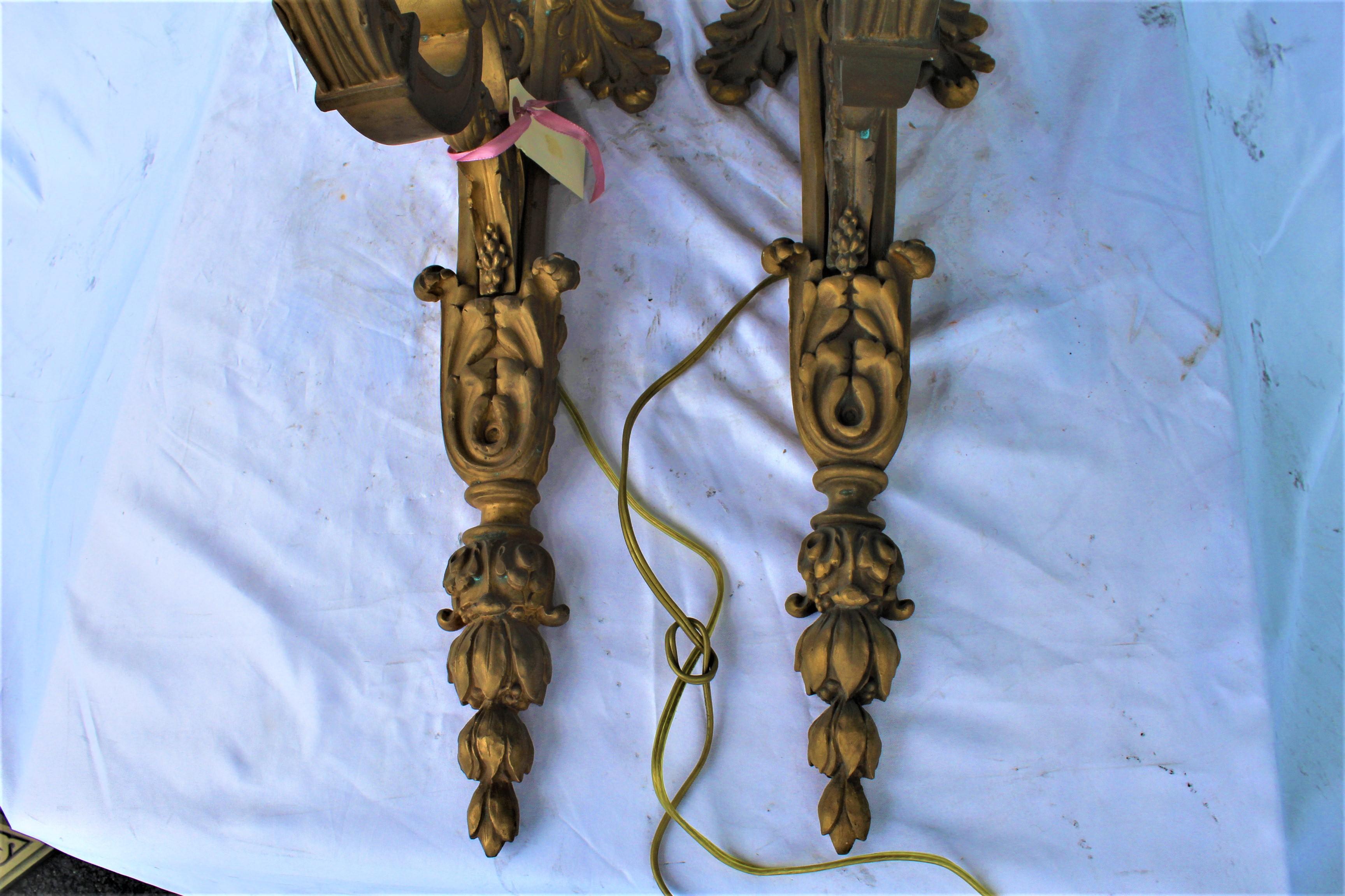 North American Lady Sconces, Empire Type, Large 18-Karat Gold Plate, No Shades For Sale