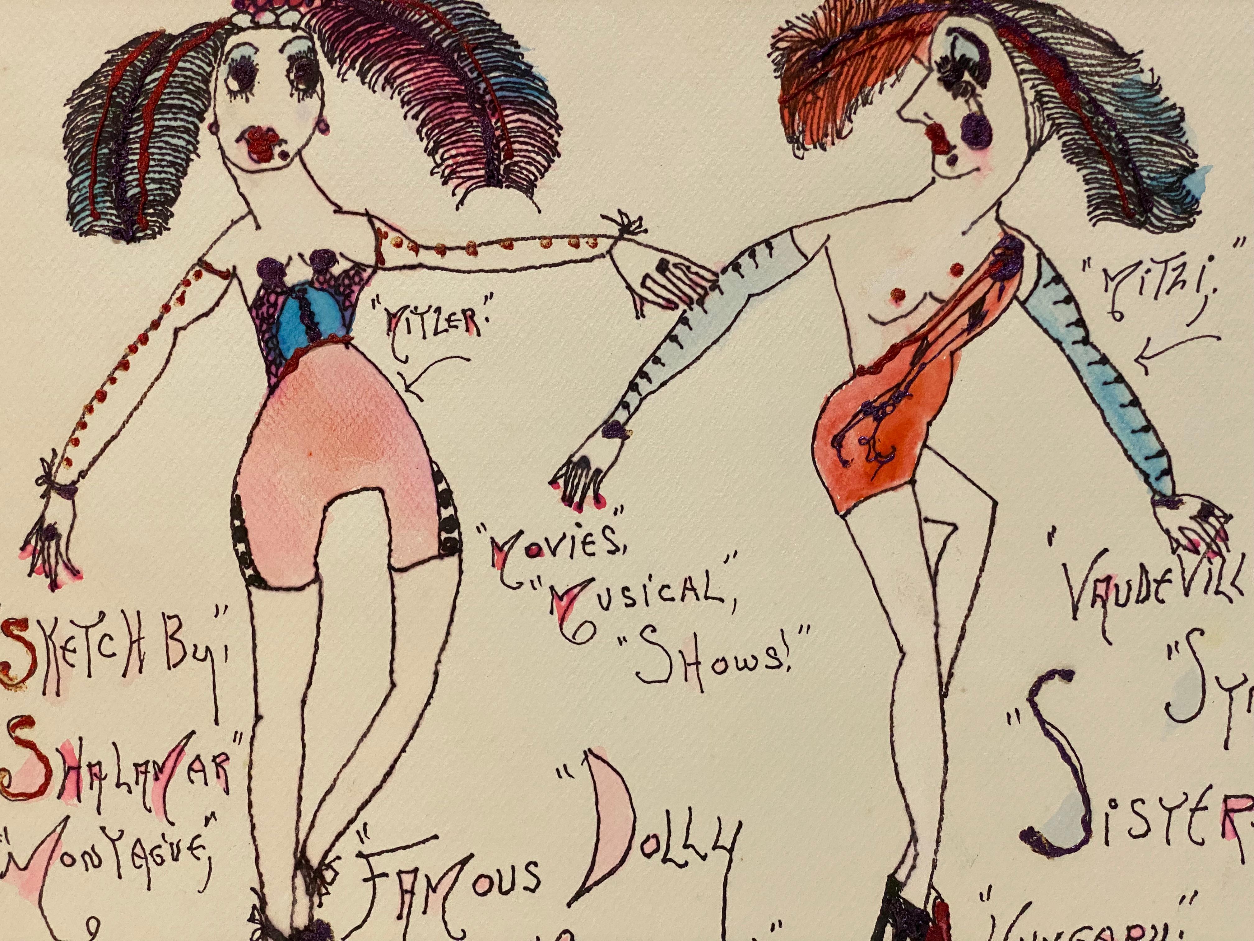 Post-Modern Lady Shalimar Vaudeville Mixed Media Drawing, 1988 For Sale