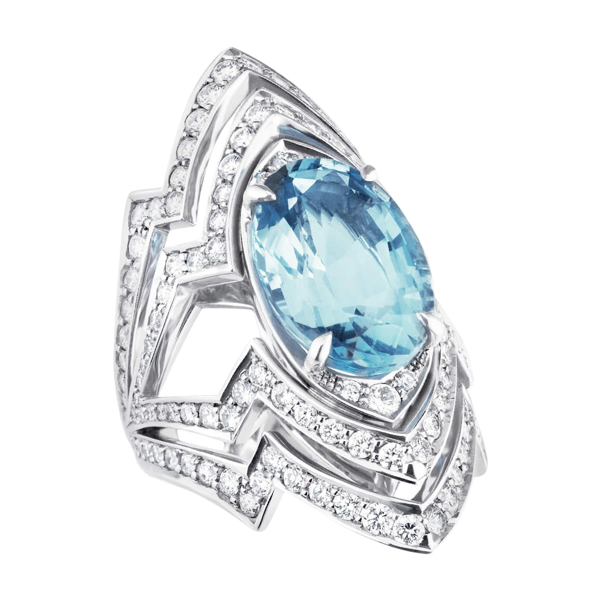 Lady Stardust Aquamarine '6.00cts' and White Diamond '0.89cts' Couture Ring