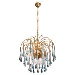 Lady Victoria, Chandelier with Blu and Transparent Pendants, Murano Glass, 1970s