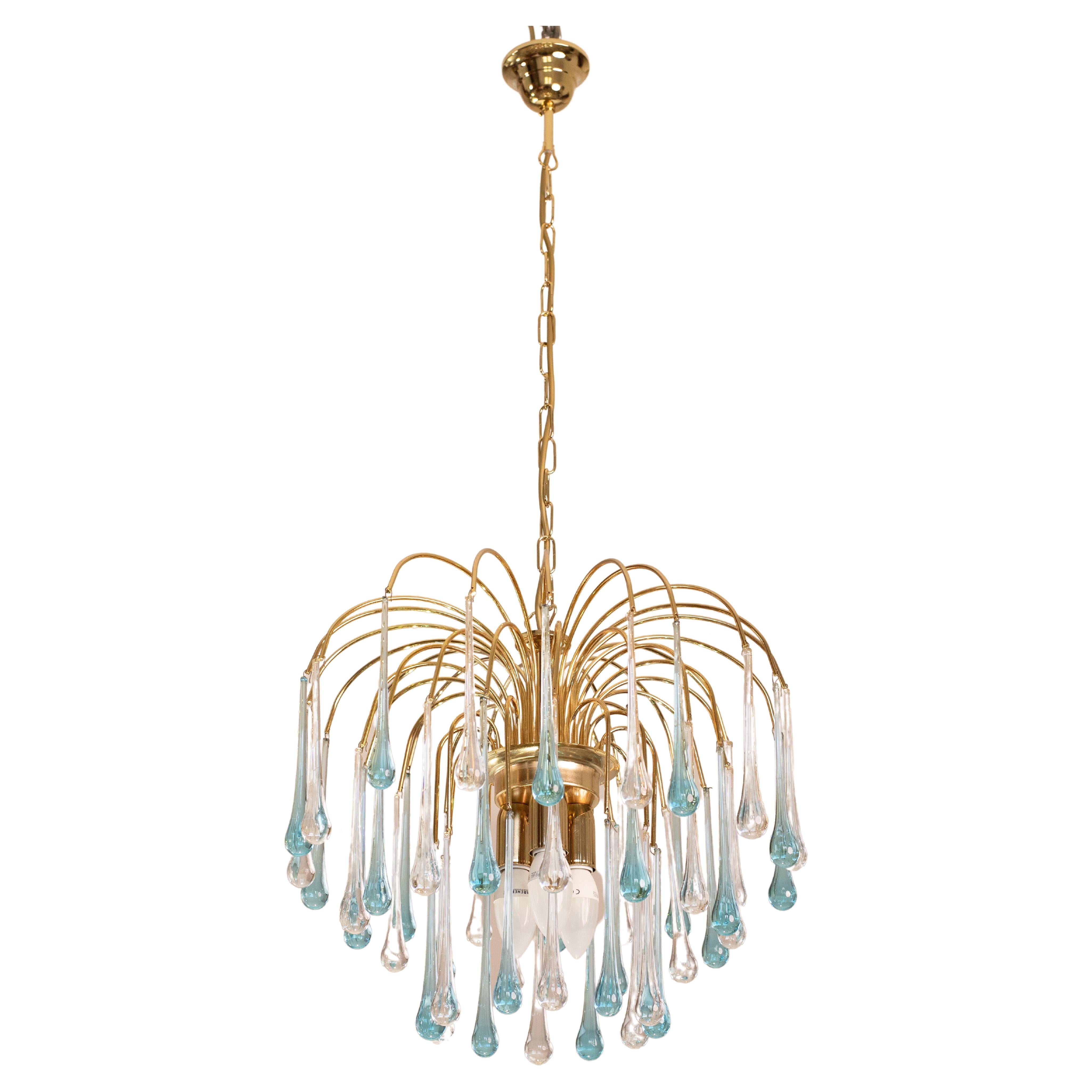 Lady Victoria, Chandelier with Blu and Transparent Pendants, Murano Glass, 1970s