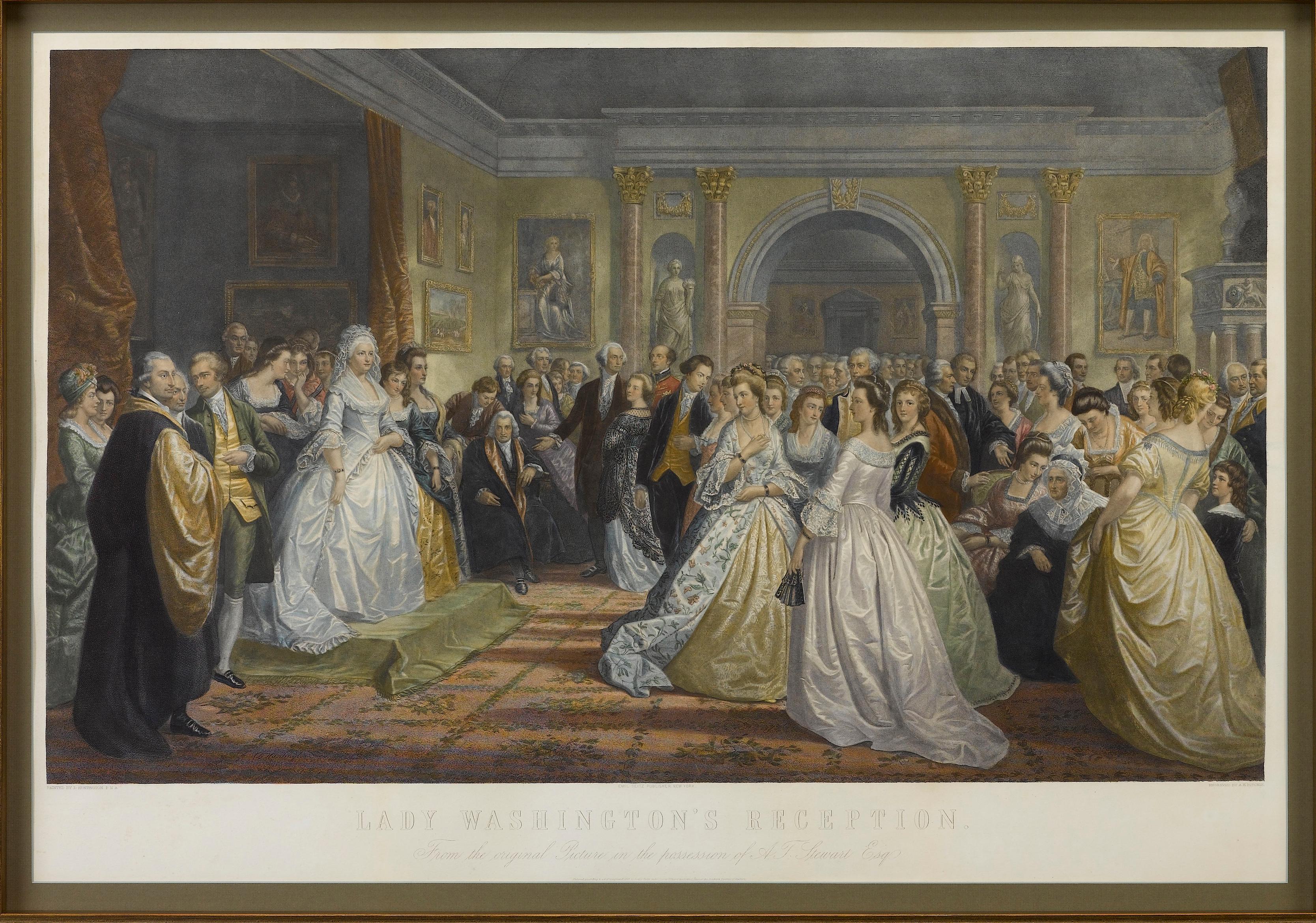 This 1865, hand-colored engraving by A. H. Ritchie is entitled Lady Washington's Reception and is based on Daniel F. Huntington's original painting 
