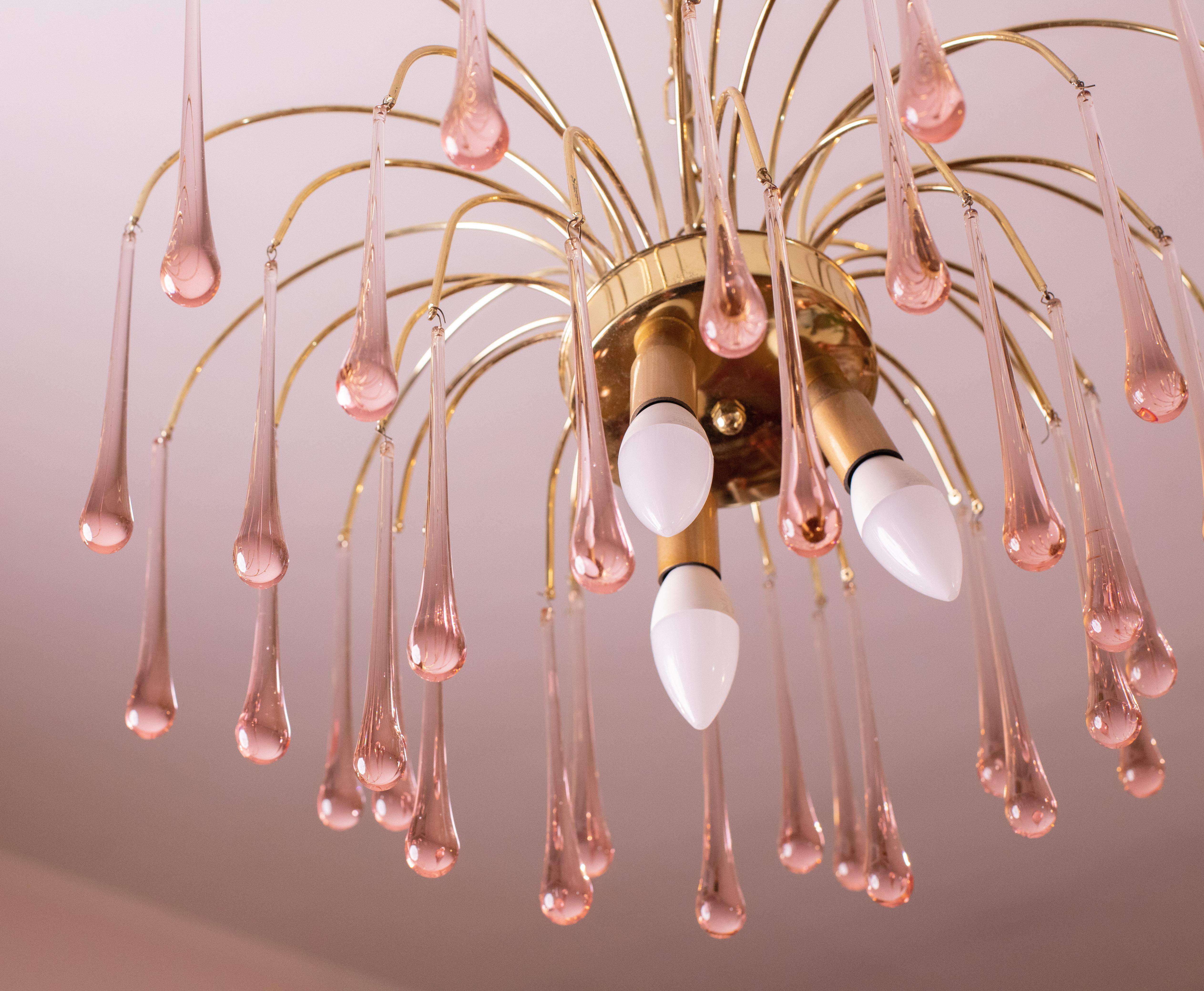 Lady Wendy, Pink Drops Murano Chandelier, 1970s In Good Condition For Sale In Roma, IT