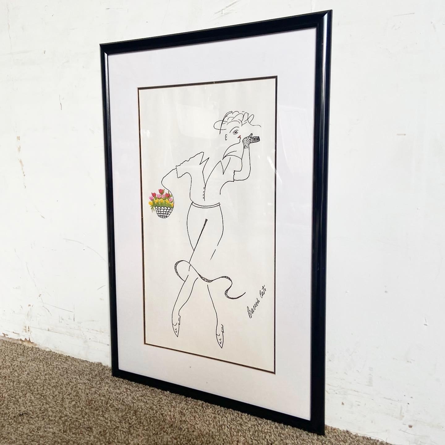 Post-Modern Lady With a Basket Framed and Signed by Baruch Cats For Sale