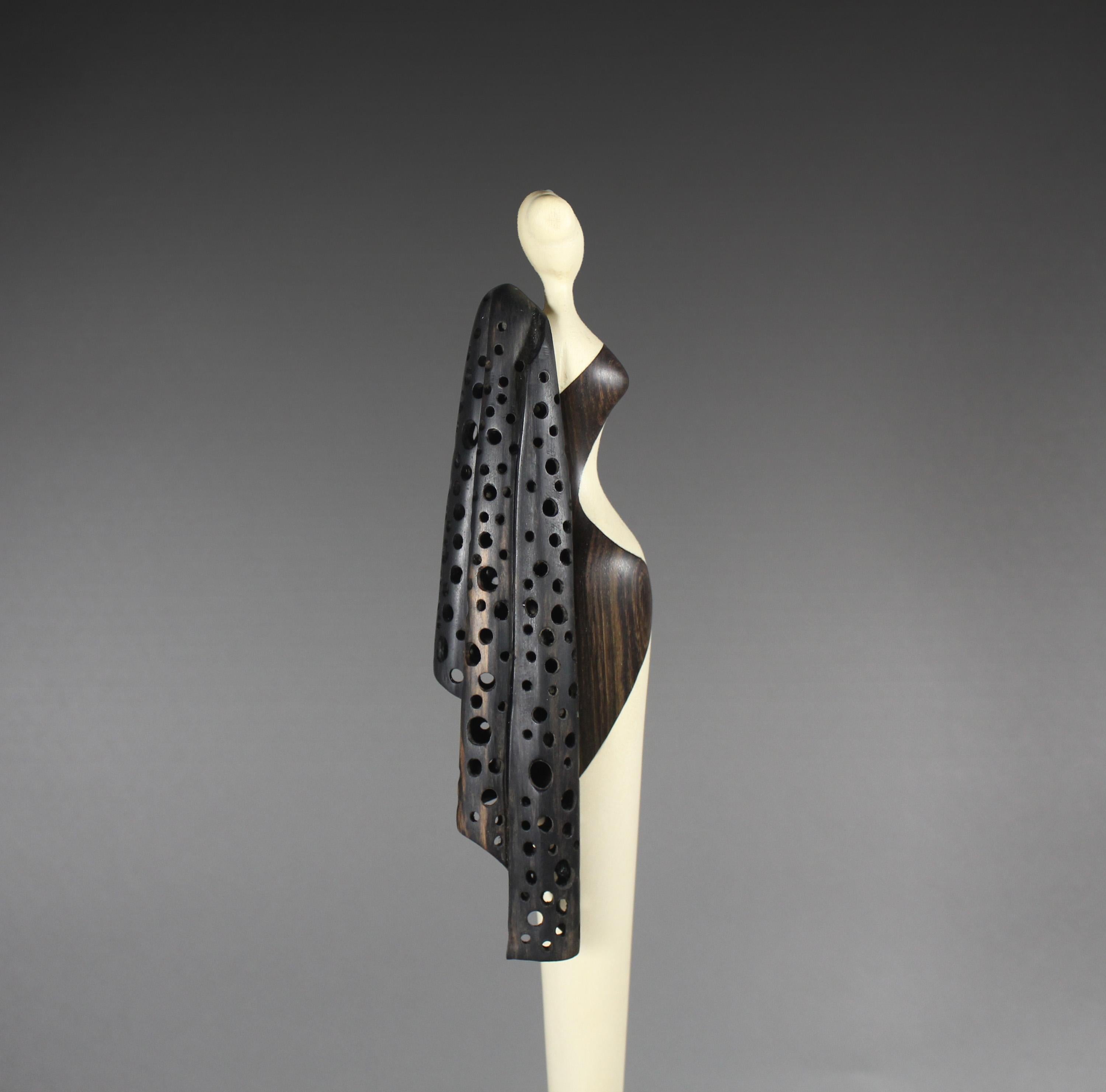 Carved Lady with a Black Shawl, Wood sculpture by Nairi Safaryan For Sale