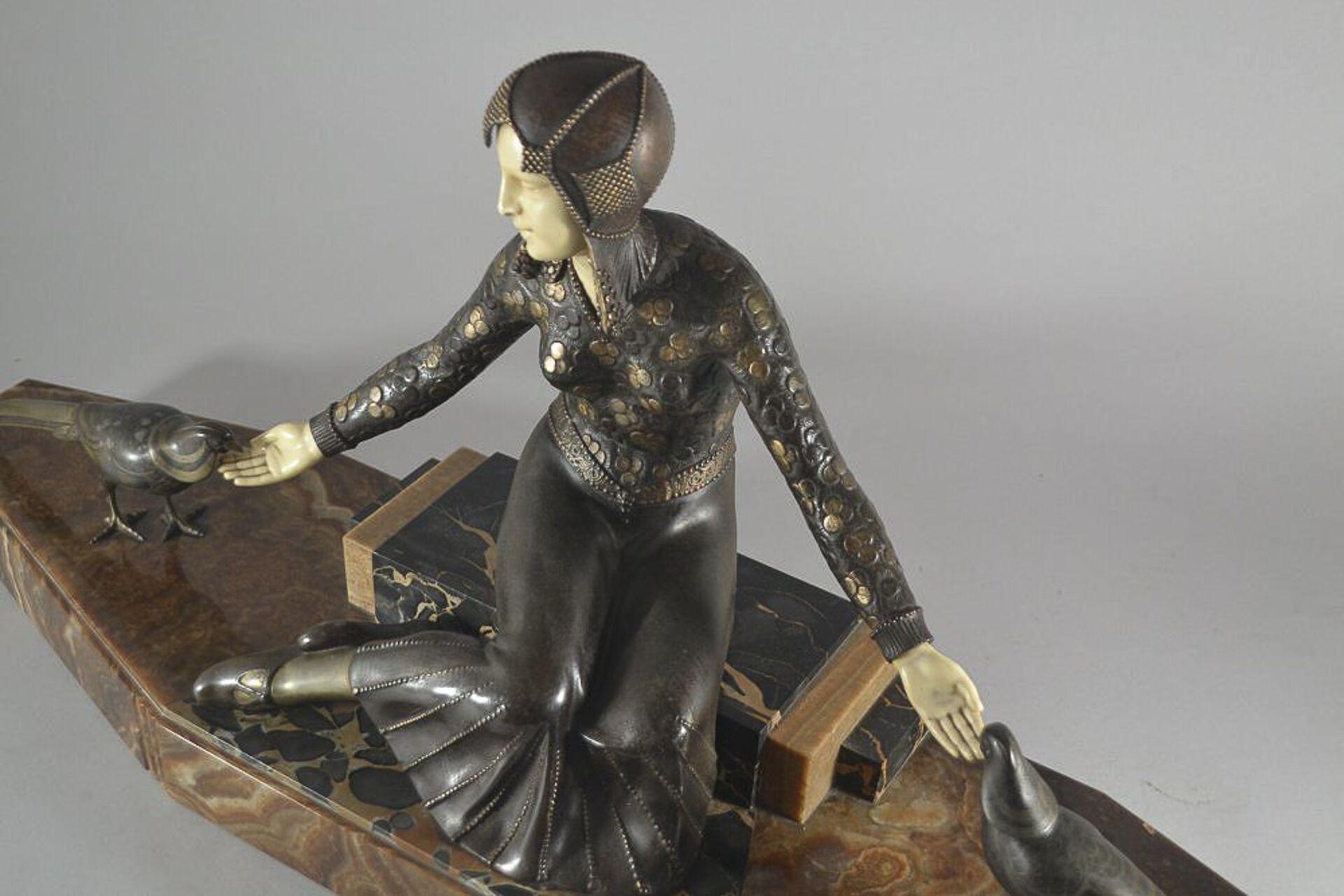 Spelter Lady with Birds, Large Georges Gori Art Deco Group