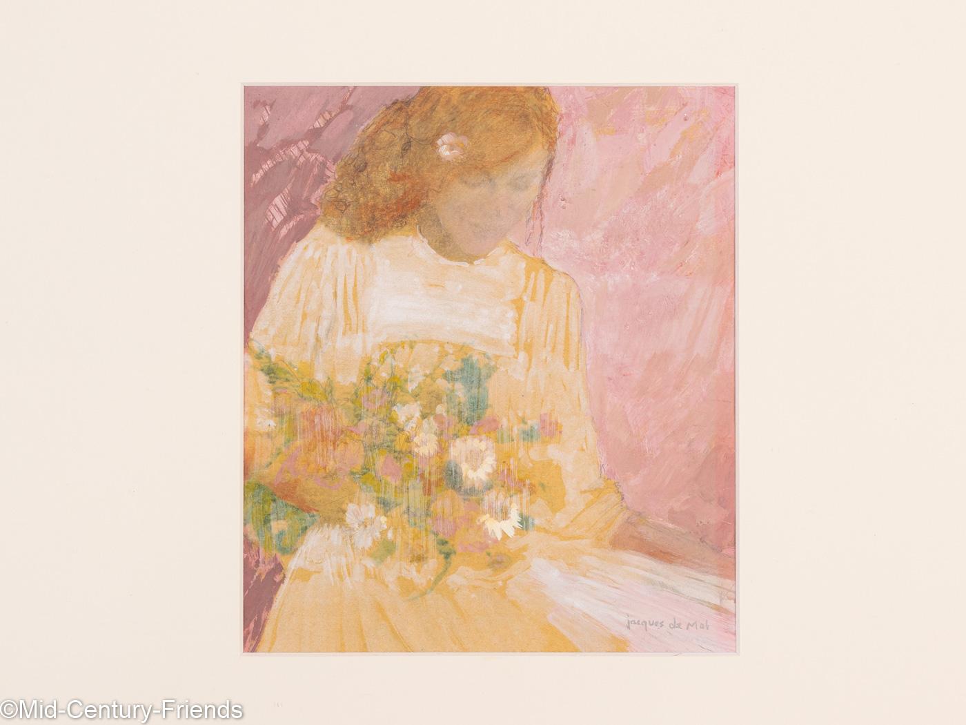 Lady with flowers. Gouache on cardboard in pastel tones. Ready to hang, framed with a passepartout in an ash wood picture frame behind anti-reflective acrylic glass.
Size without frame: W 18 cm x H 21 cm.