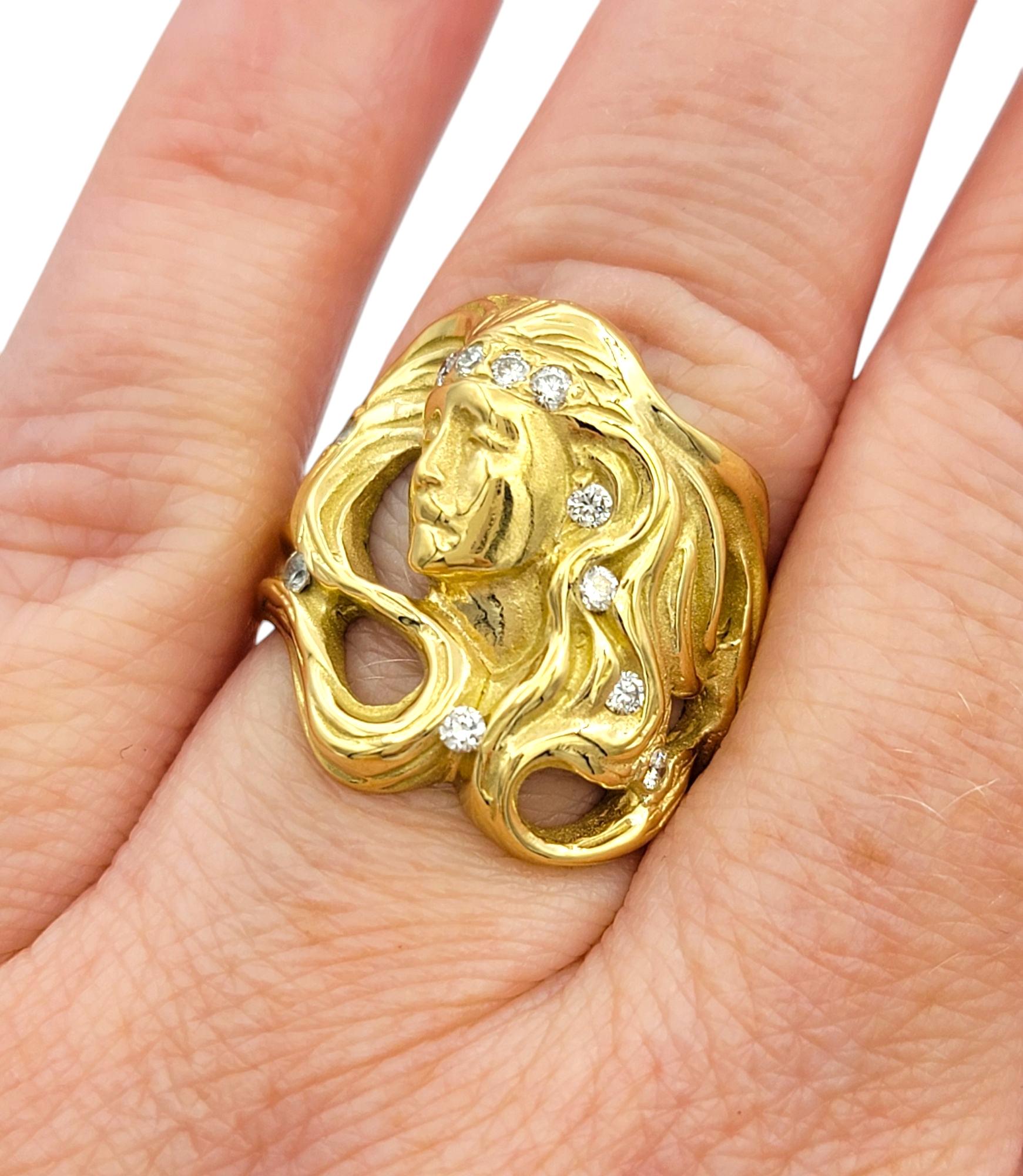 Donna con capelli fluenti Anello 3D personalizzato con diamanti in oro giallo 18 carati in vendita 1