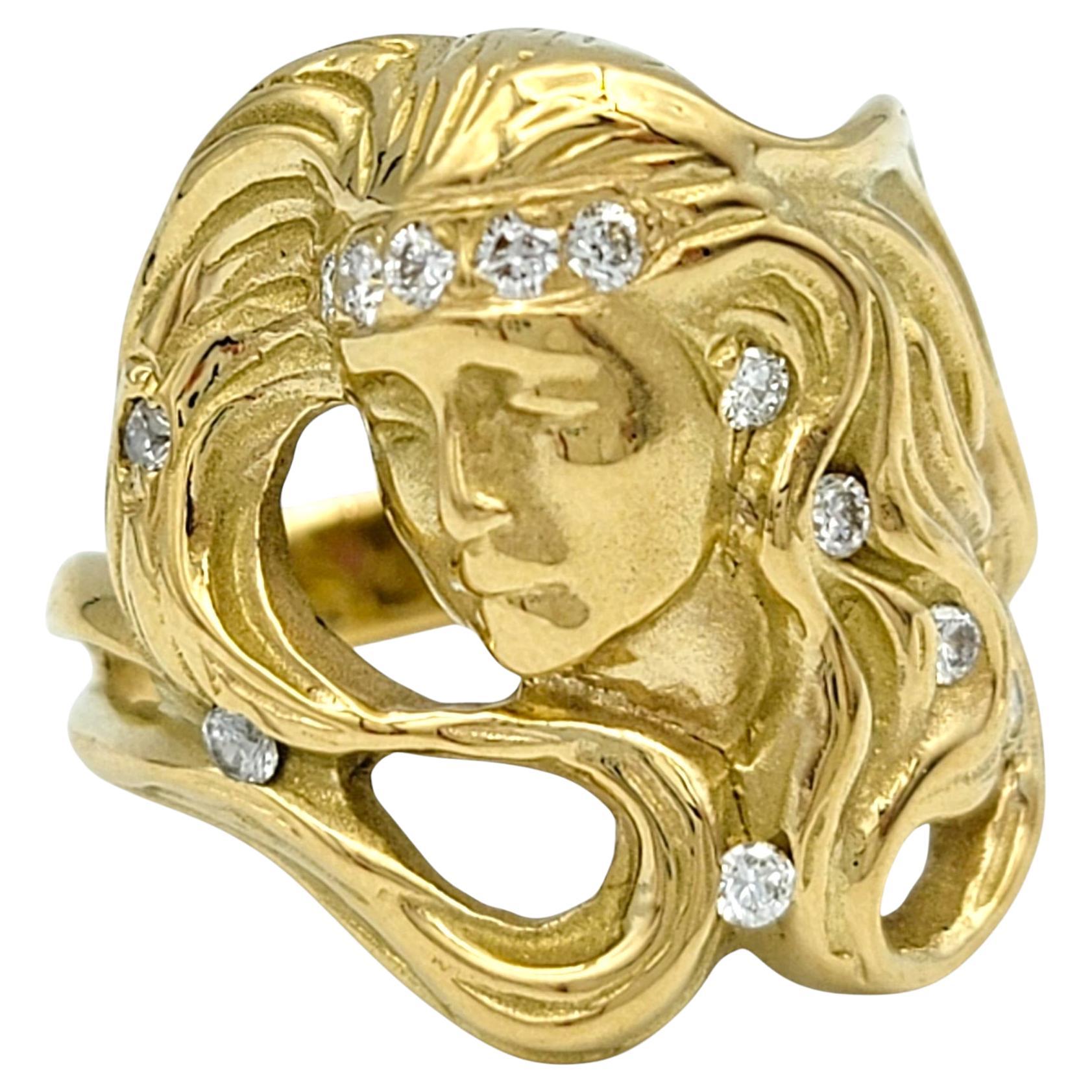 Lady with Flowing Hair Custom 3D Ring with Diamonds in 18 Karat Yellow Gold