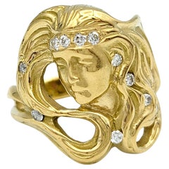 Lady with Flowing Hair Custom 3D Ring with Diamonds in 18 Karat Yellow Gold