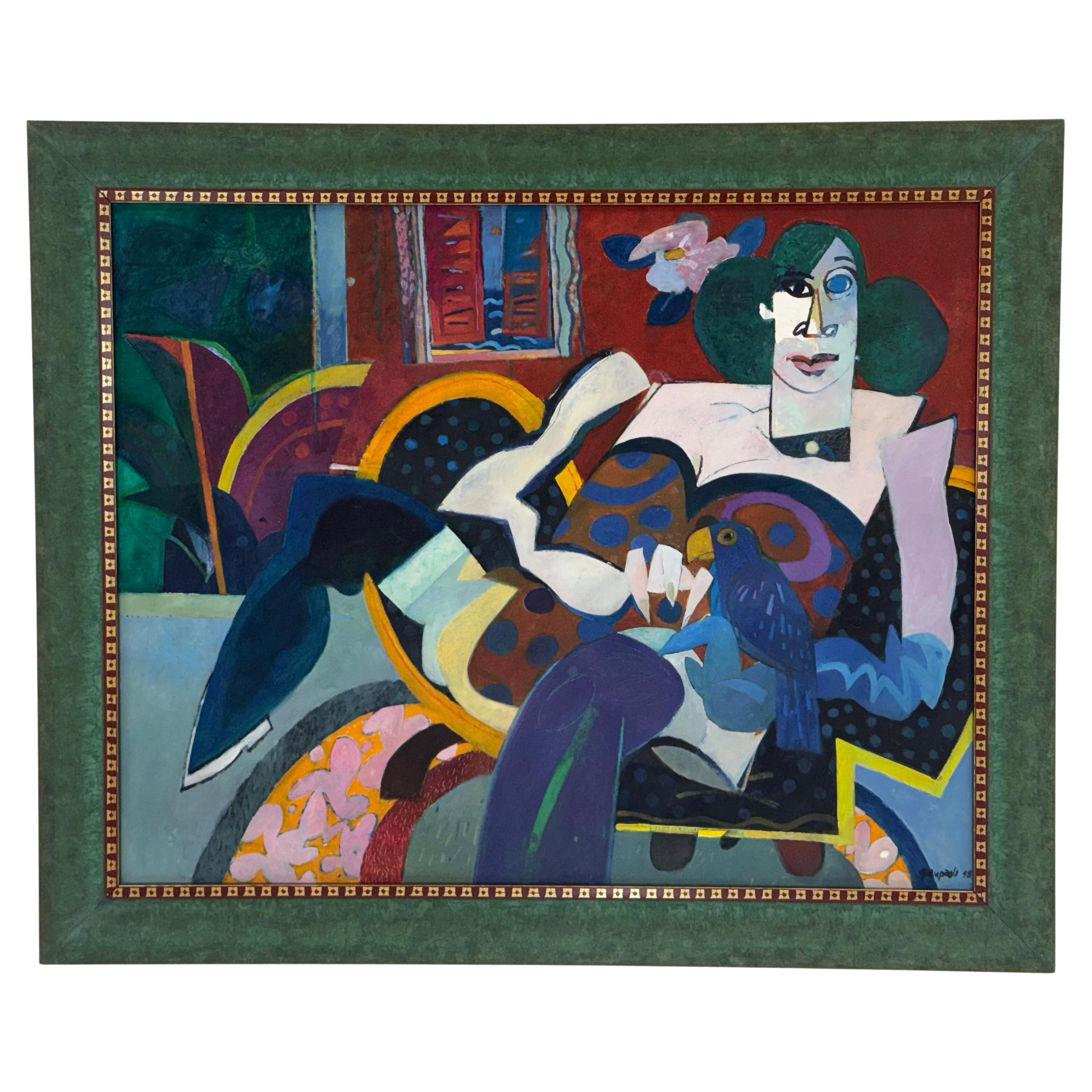 "Dame mit ihrem Vogel" - kubistisches Gemälde von James F. Giampaoli, Acryl, 1998 im Angebot