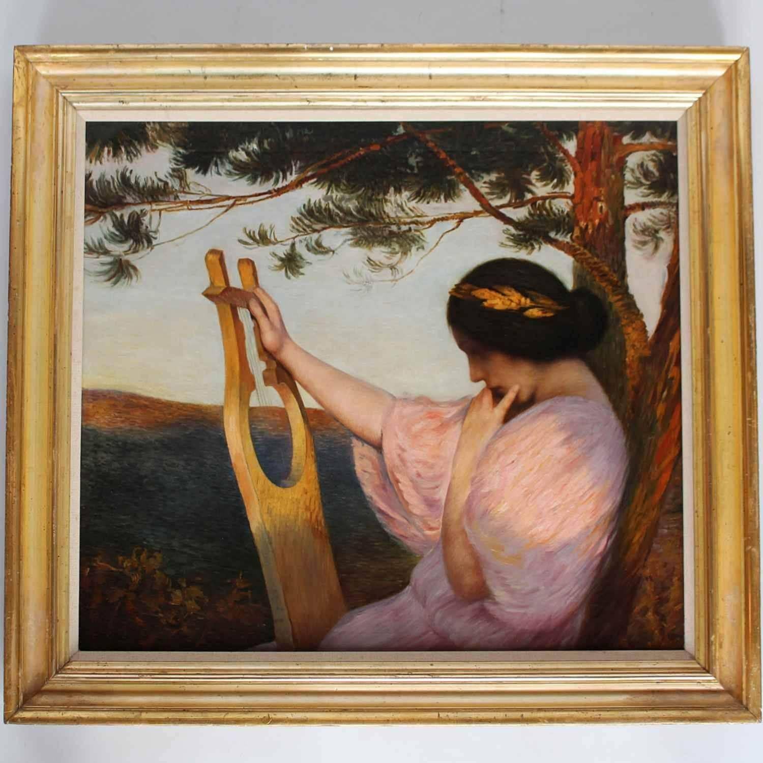 Lady with Lyre', an oil on canvas study of Sappho, the Greek poet muse after the original by Henri Martin, painted in 1890. Set in a gilt wood frame. Signed Aule Hofrichter to lower right.
   