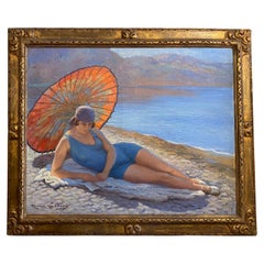 Lady with parasol, art deco, Signed Maurice Labany