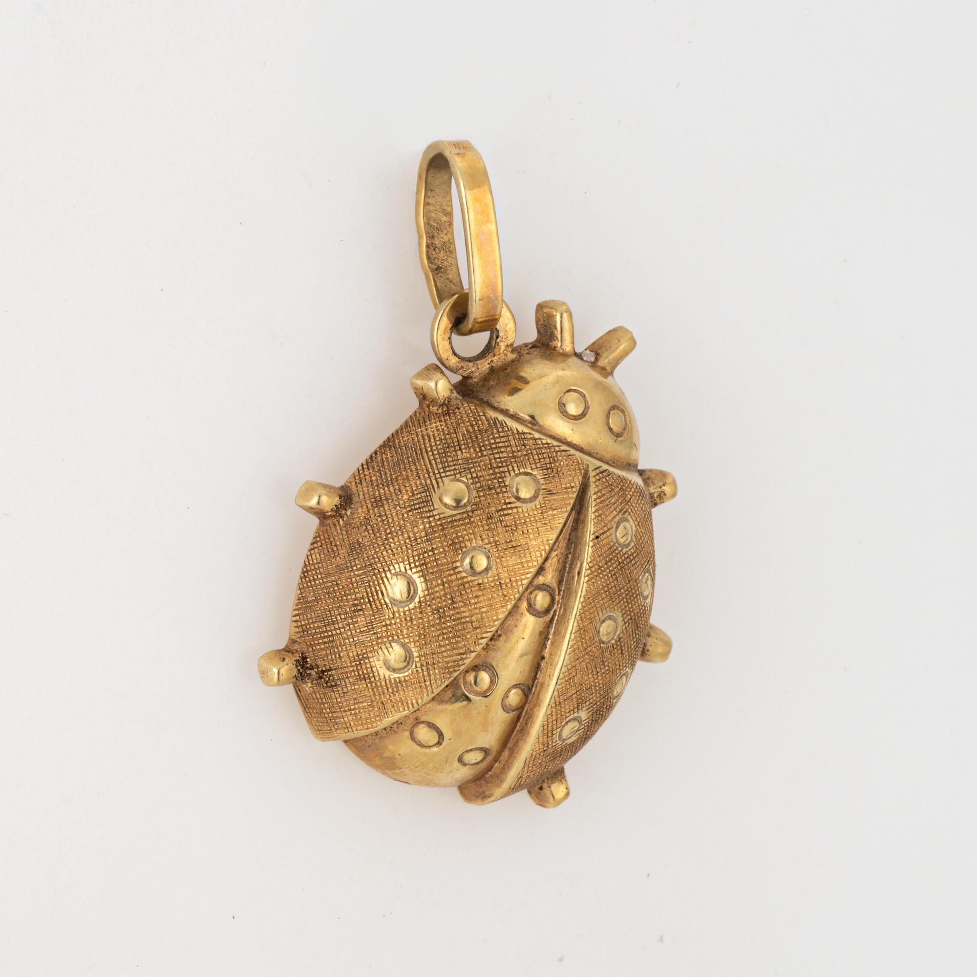 Detaillierter Marienkäfer-Charme aus 14k Gelbgold (ca. 1969).  

Der detailreiche Marienkäfer hebt 15 Punkte mit einer strukturierten Florentine-Oberfläche hervor. Das Stück kann als Charme an einem Armband oder als Anhänger getragen werden. 

Der