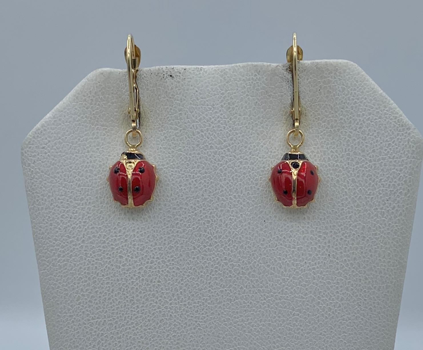Pulsera y Pendientes Mariquita Insecto Escarabajo Esmalte Oro 14 Kilates Moderno en venta