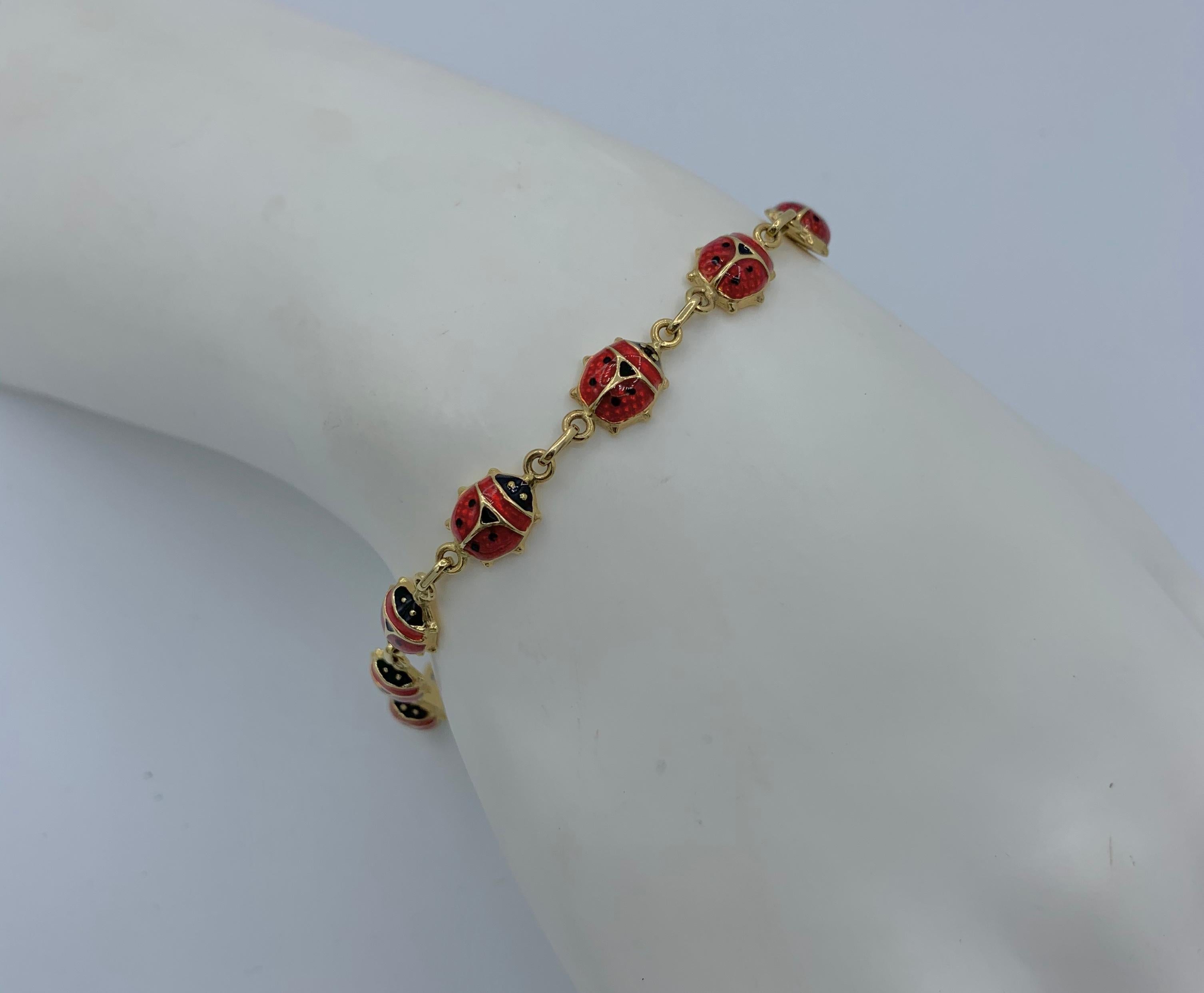 De las mujeres Pulsera y Pendientes Mariquita Insecto Escarabajo Esmalte Oro 14 Kilates en venta