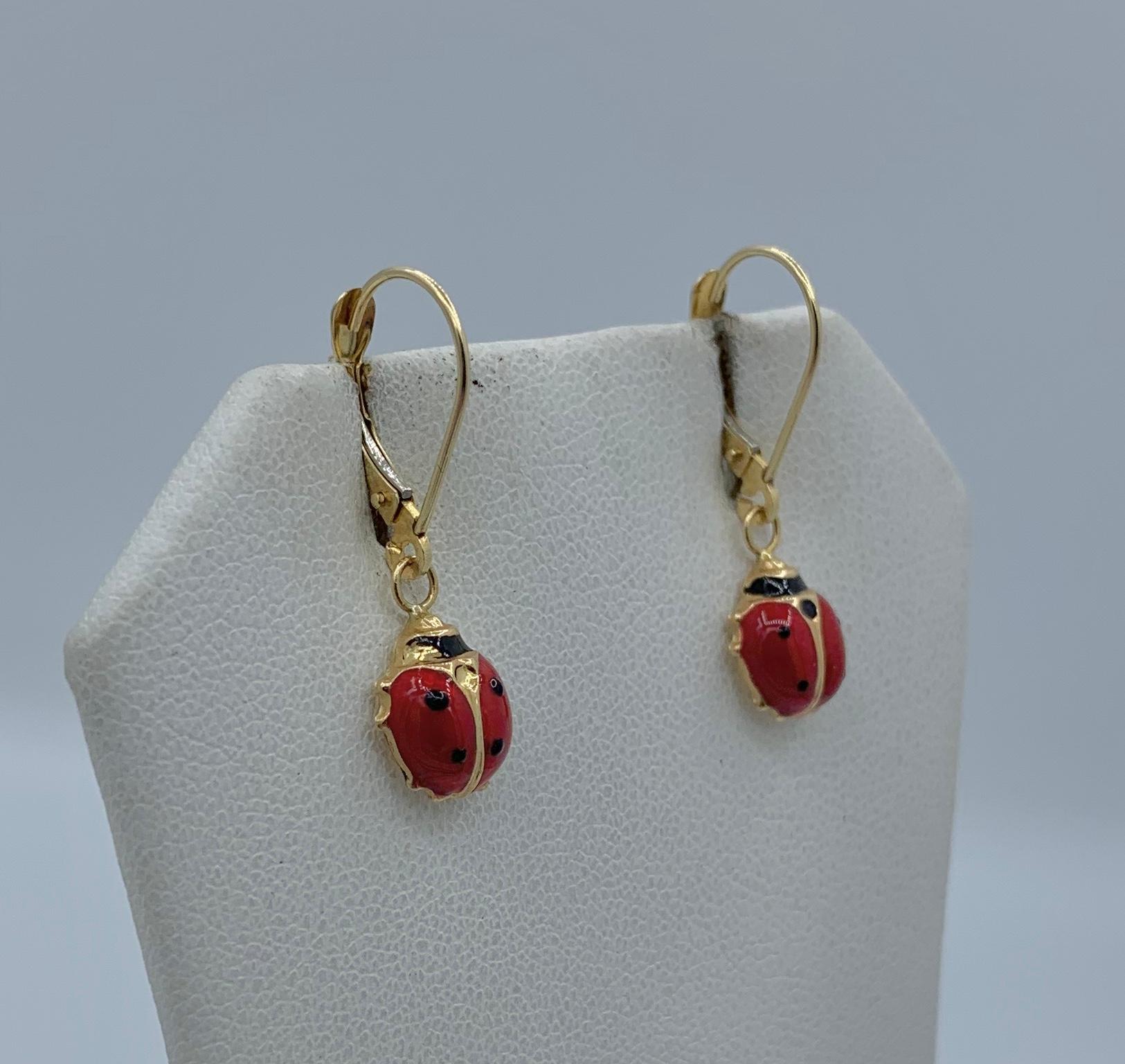 Ladybug Bracelet and Earrings 14 Karat Gold Enamel Beetle Insect In Good Condition For Sale In New York, NY