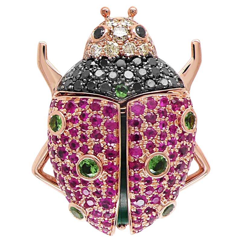 Marienkäfer Pink Rubin Schwarzer Diamant Pave & Grüner Edelstein 18K Rose Gold Insekt Ring